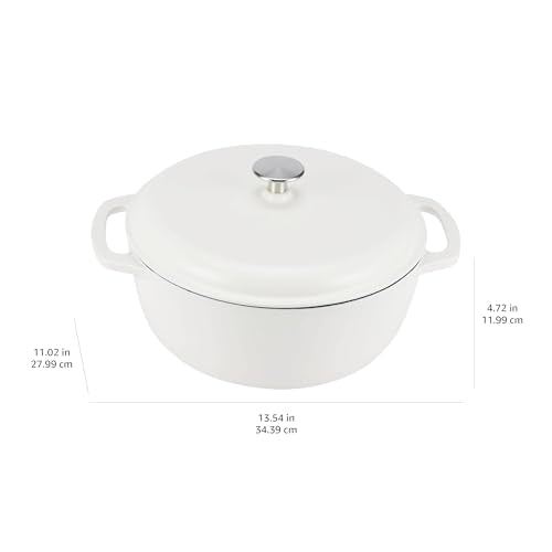 Cast Iron Dutch Oven Pot with Lid, Enameled, Round, Dual Handles, Heavy-Duty, Small, 4.3-Quart, White