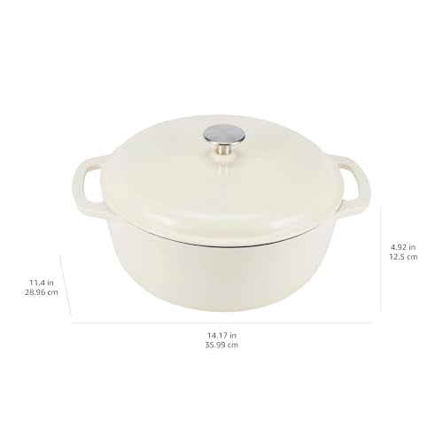 Cast Iron Dutch Oven Pot with Lid, Enameled, Round, Dual Handles, Heavy-Duty, Small, 4.3-Quart, White