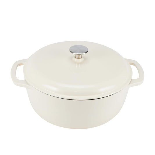 Cast Iron Dutch Oven Pot with Lid, Enameled, Round, Dual Handles, Heavy-Duty, Small, 4.3-Quart, White