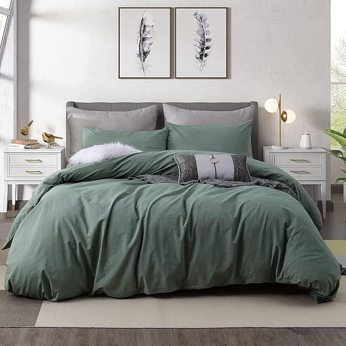 3 Piece Duvet Cover Set Queen Size,100% Organic Washed Cotton Linen Feel Like Textured, Luxury Soft and Breatheable Bedding Set with Zipper Closure(1 Comforter Cover + 2 Pillowcases)