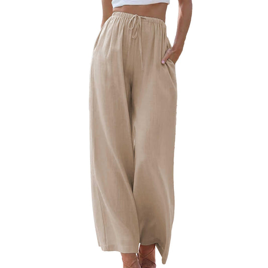 Womens Cotton Linen Palazzo Pants Drawstring Elastic Waist Casual Wide Leg Trousers with Pockets