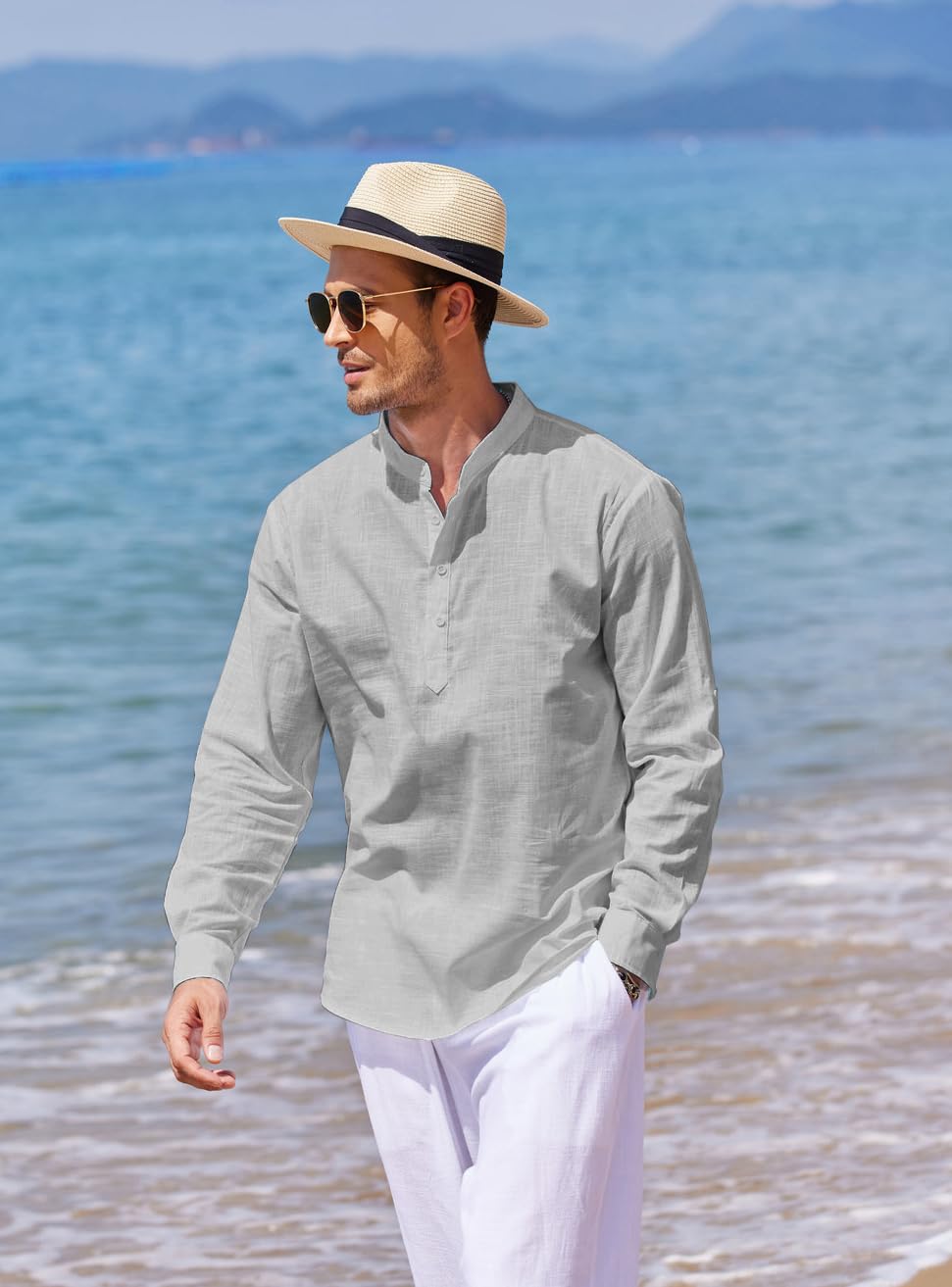 Men's Cotton Linen Henley T-Shirts Long Sleeve Hippie Casual Beach T-Shirts