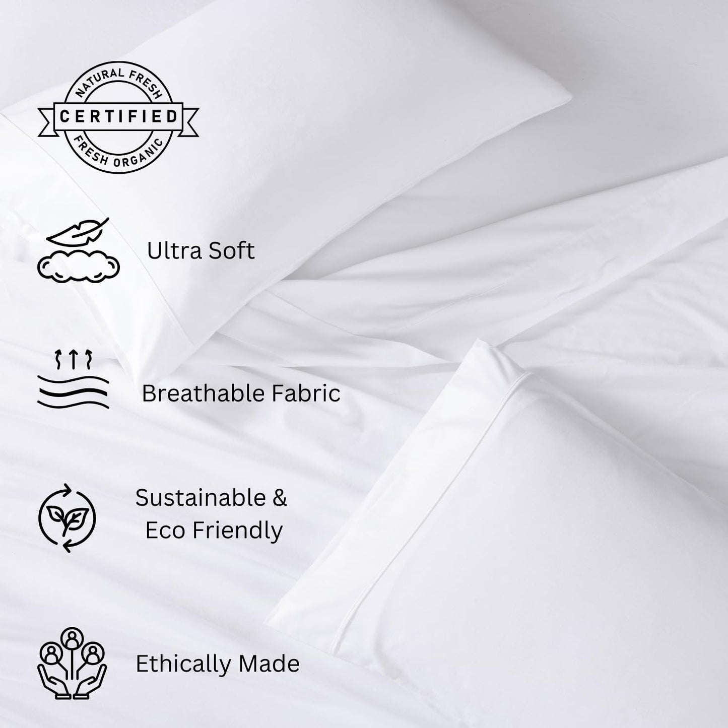 100% Organic Cotton King Size Sheets Set, 4Pc King Sheets, Soft Breathable Sheets King Size, Percale Weave, Hotel-Quality King Bed Sheets, 15" Deep Pocket King Sheet Set - White Bed Sheets