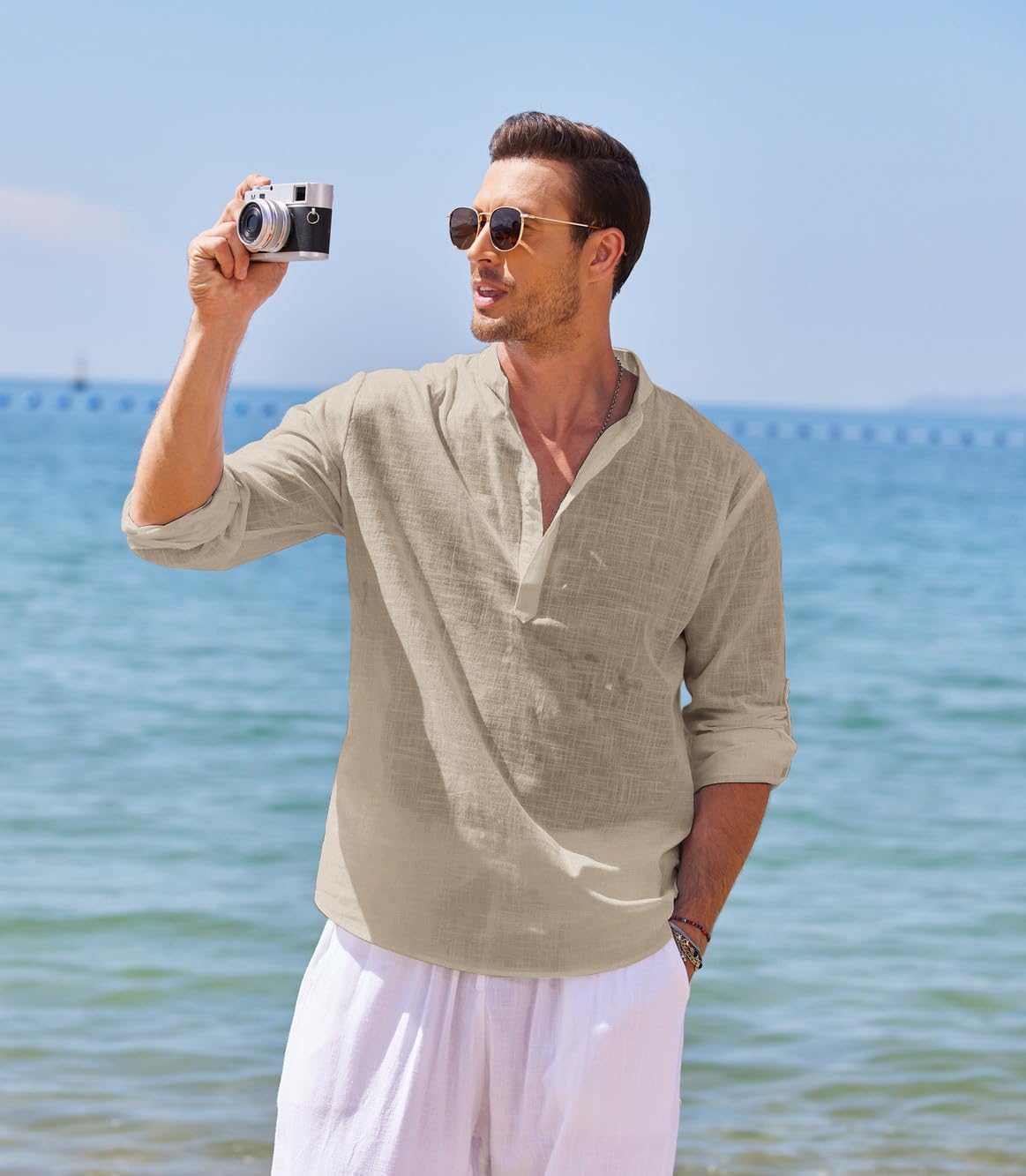 Men's Cotton Linen Henley T-Shirts Long Sleeve Hippie Casual Beach T-Shirts