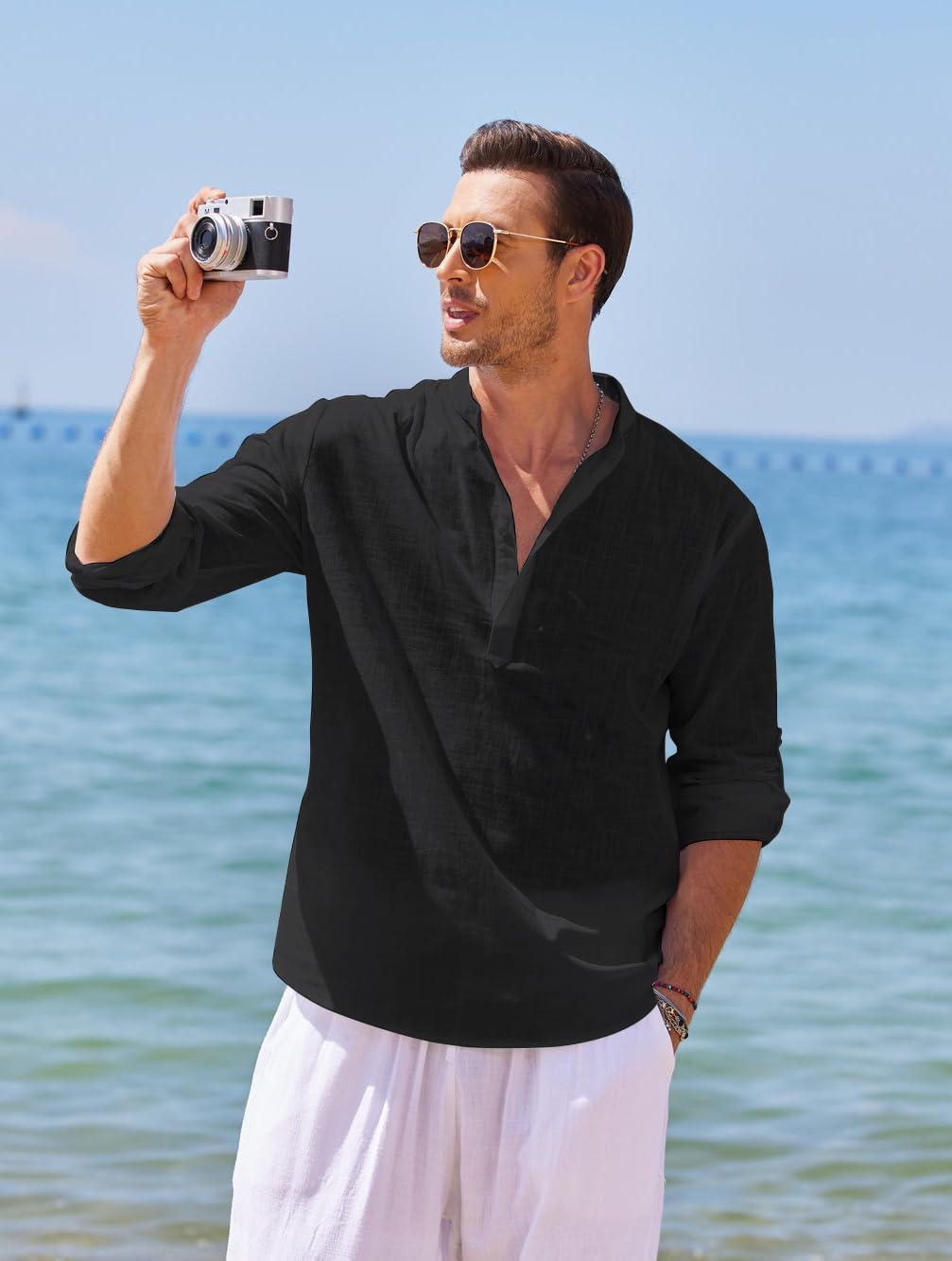 Men's Cotton Linen Henley T-Shirts Long Sleeve Hippie Casual Beach T-Shirts