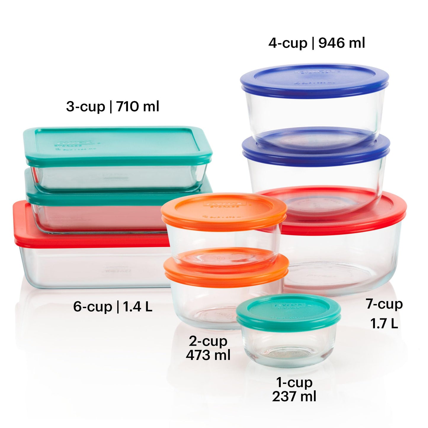 Pyrex 14-Pc Glass Food Storage Set - 7, 4, 2 & 1-Cup Round Containers with Lids - BPA-Free, Dishwasher & Microwave Safe