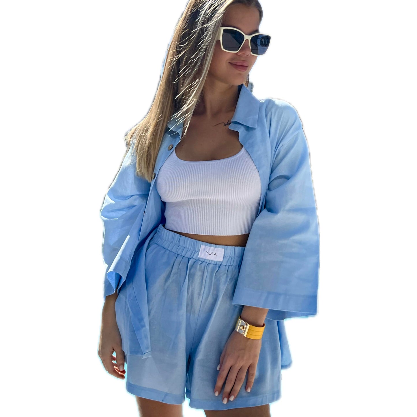 2 Pieces Outfit for Women: Organic Linen-Cotton Oversized Shirt, Shorts - Trendy 2024 Summer Style Fashion Sweatsuit Set