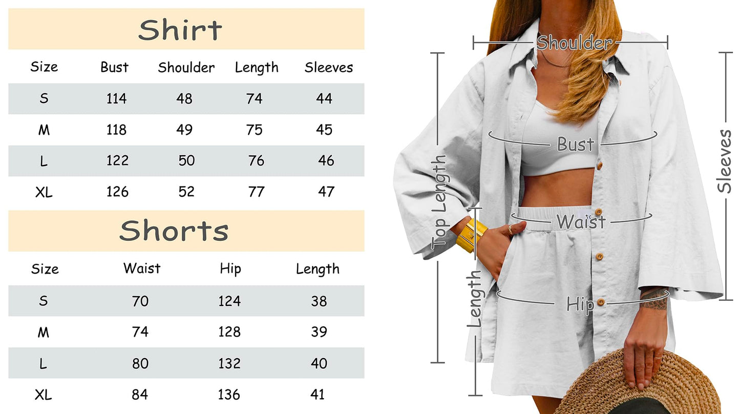 2 Pieces Outfit for Women: Organic Linen-Cotton Oversized Shirt, Shorts - Trendy 2024 Summer Style Fashion Sweatsuit Set