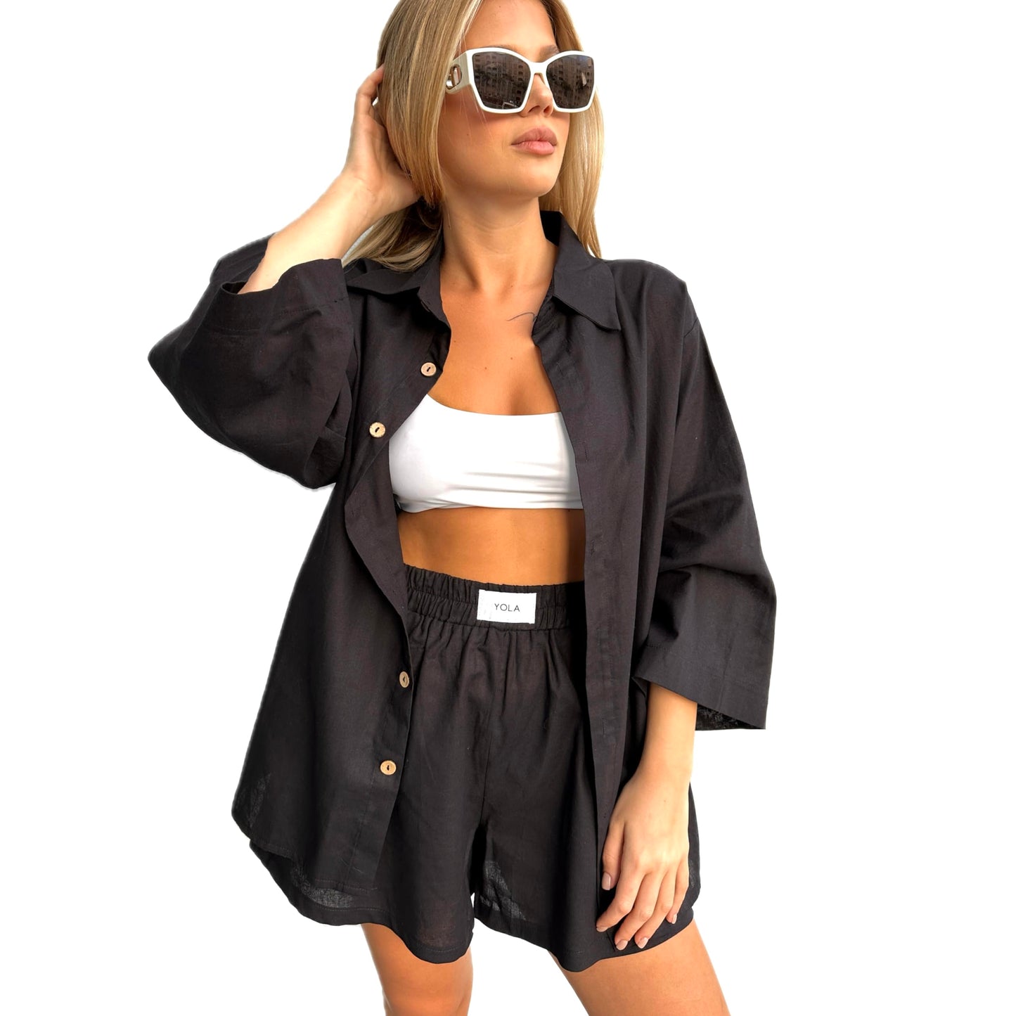 2 Pieces Outfit for Women: Organic Linen-Cotton Oversized Shirt, Shorts - Trendy 2024 Summer Style Fashion Sweatsuit Set