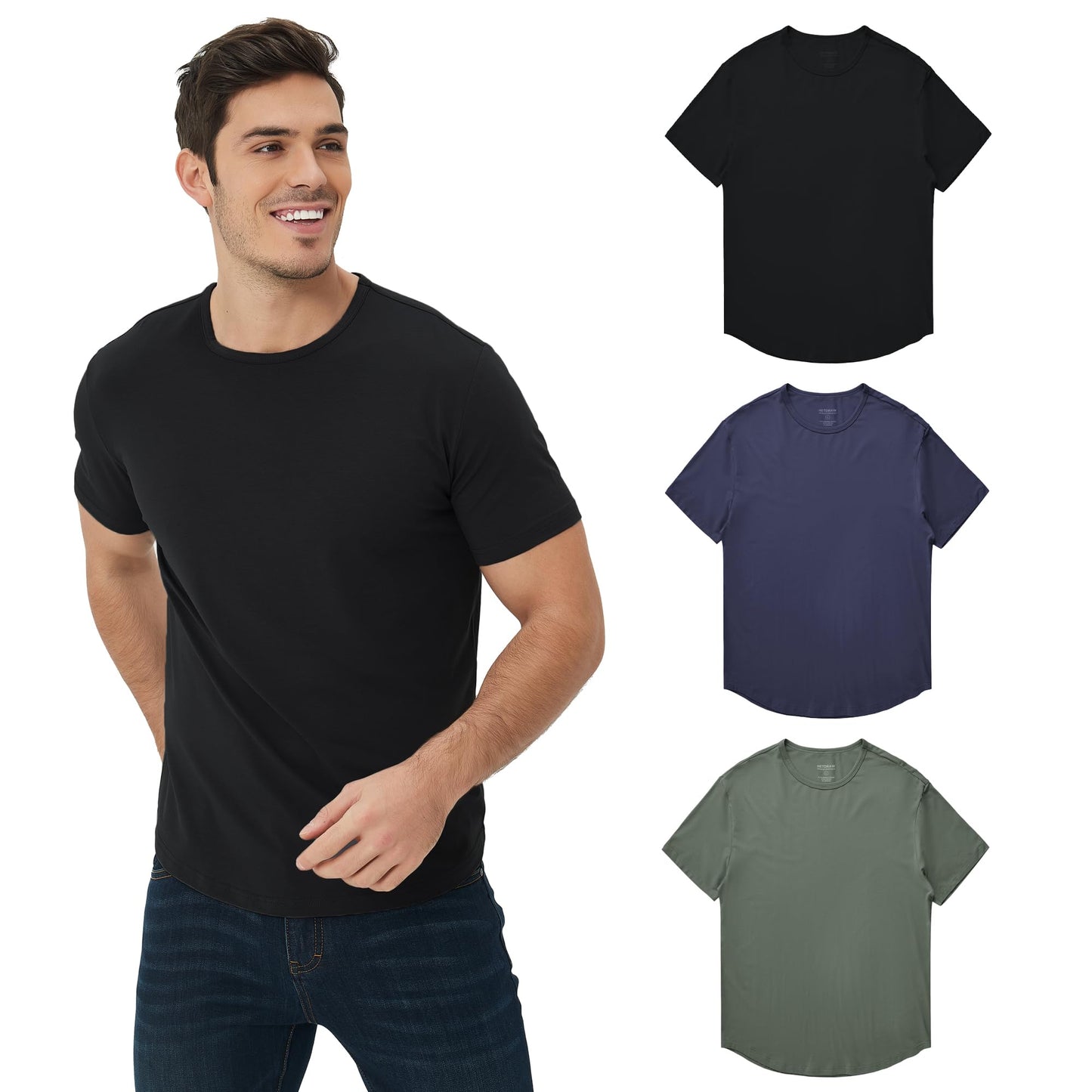 Men's Ultra Soft Bamboo Viscose T-Shirt Curve Hem Lightweight Cooling Short/Long Sleeve Casual Basic Tee Shirt