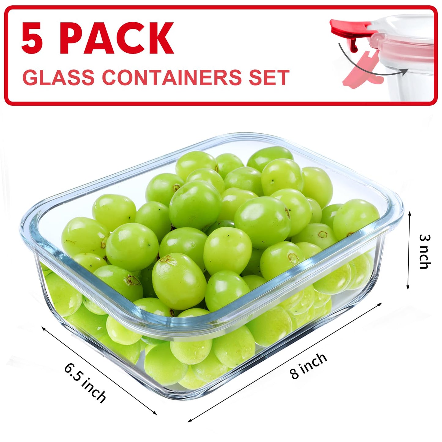 5 Pack 36 OZ Glass Meal Prep Containers, Airtight Glass Lunch Containers Set, Glass Food Storage Containers with Lids,Exclusive of BPA, for Microwave, Oven, Freezer & Dishwasher Friendly,Grey