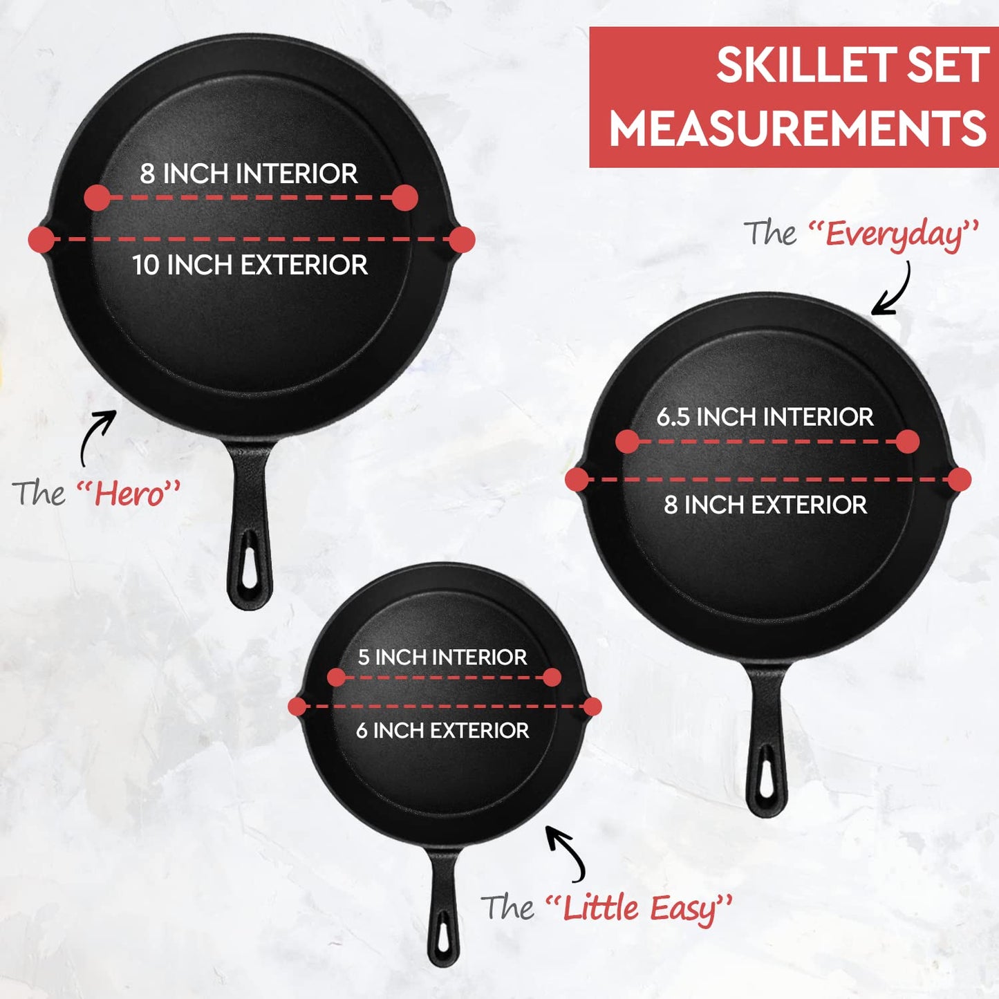 Cast Iron Skillet 3-Piece Set - 12", 10", 8" Heavy Duty Pans - Professional Restaurant Chef Quality Pre-Seasoned Pan Cookware Set