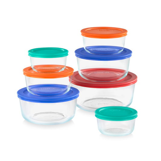 Pyrex 14-Pc Glass Food Storage Set - 7, 4, 2 & 1-Cup Round Containers with Lids - BPA-Free, Dishwasher & Microwave Safe