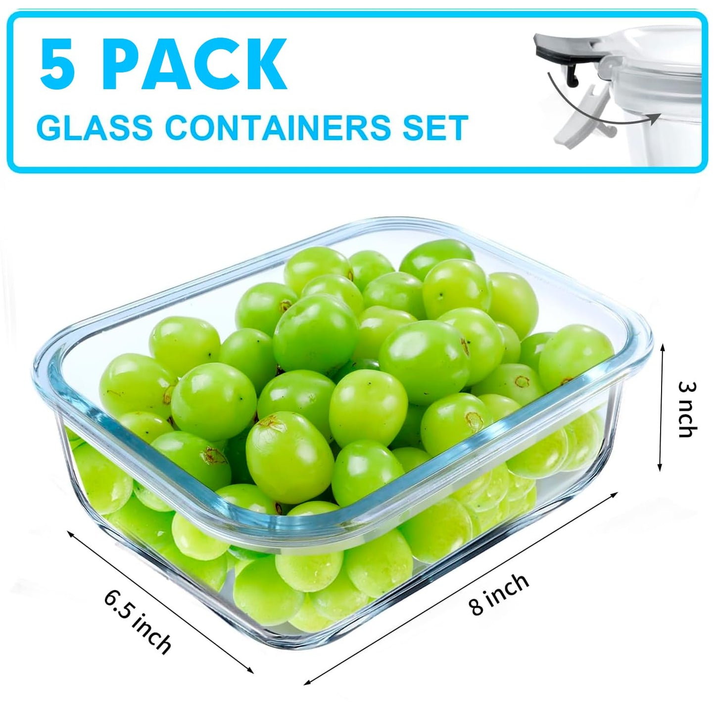 5 Pack 36 OZ Glass Meal Prep Containers, Airtight Glass Lunch Containers Set, Glass Food Storage Containers with Lids,Exclusive of BPA, for Microwave, Oven, Freezer & Dishwasher Friendly,Grey