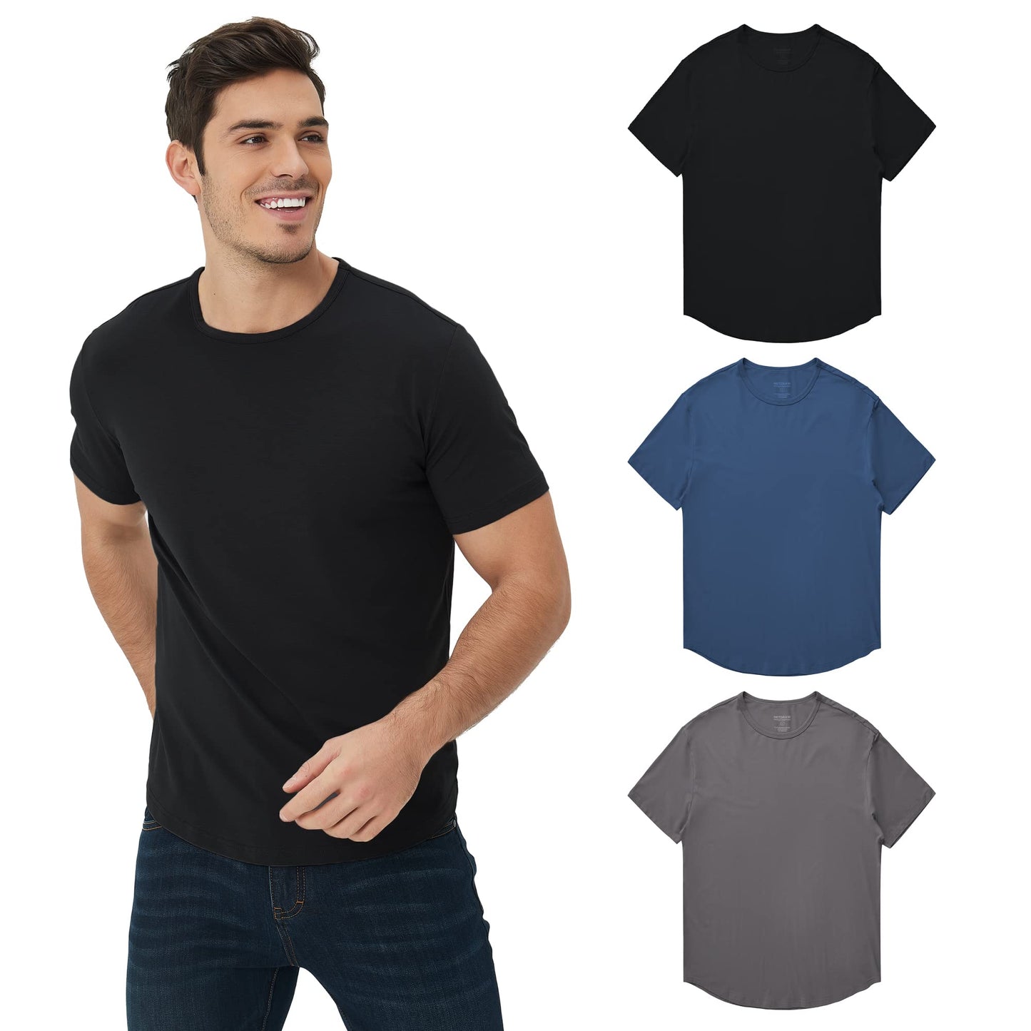 Men's Ultra Soft Bamboo Viscose T-Shirt Curve Hem Lightweight Cooling Short/Long Sleeve Casual Basic Tee Shirt