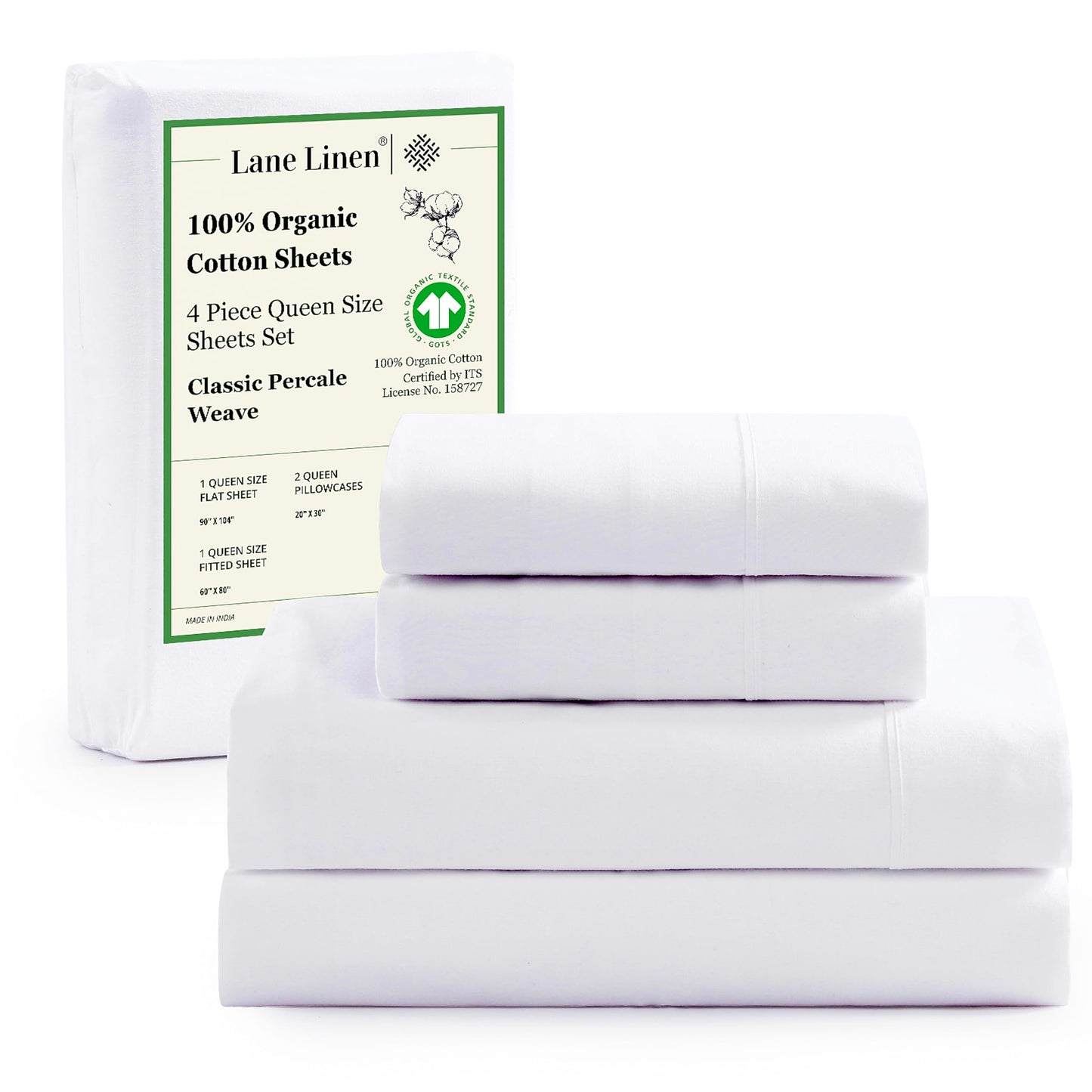 100% Organic Cotton King Size Sheets Set, 4Pc King Sheets, Soft Breathable Sheets King Size, Percale Weave, Hotel-Quality King Bed Sheets, 15" Deep Pocket King Sheet Set - White Bed Sheets