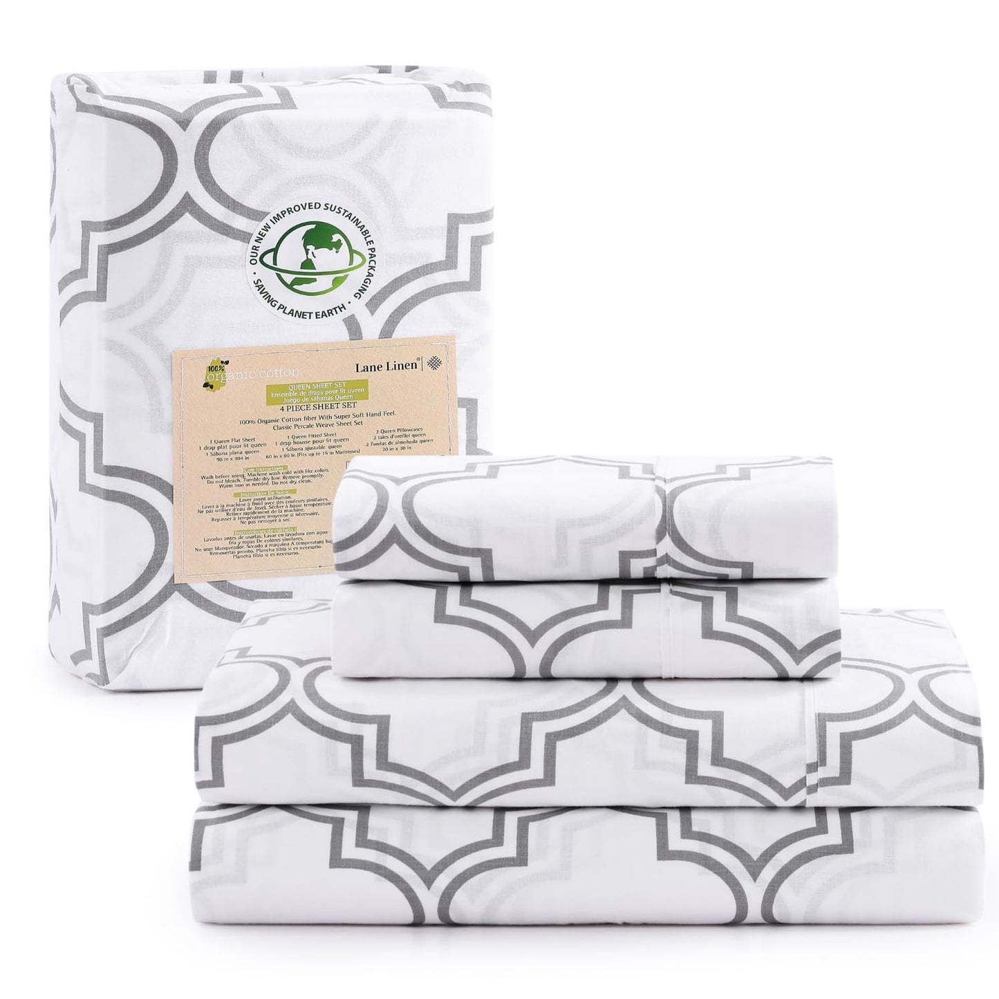 100% Organic Cotton King Size Sheets Set, 4Pc King Sheets, Soft Breathable Sheets King Size, Percale Weave, Hotel-Quality King Bed Sheets, 15" Deep Pocket King Sheet Set - White Bed Sheets