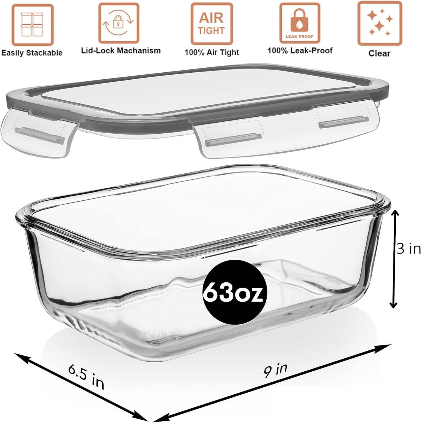 8 Cups/ 63 Oz 4 Piece (2 containers + 2 Lids) Large Glass Food Storage/ Baking Containers with Locking Lids . Ideal for Storing food, vegetables or fruits. BPA Free & Leak Proof -Microwave, Oven Safe