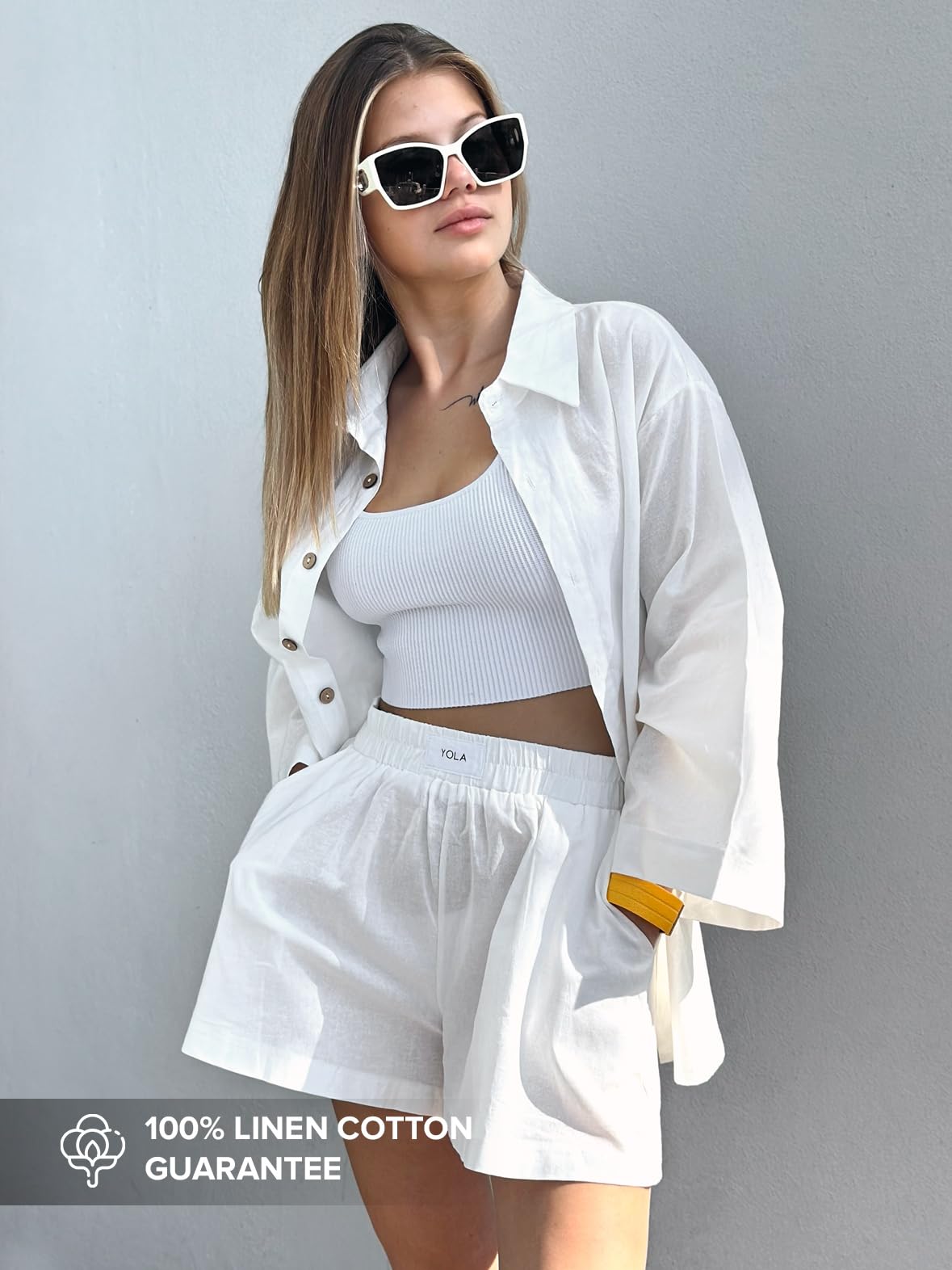 2 Pieces Outfit for Women: Organic Linen-Cotton Oversized Shirt, Shorts - Trendy 2024 Summer Style Fashion Sweatsuit Set