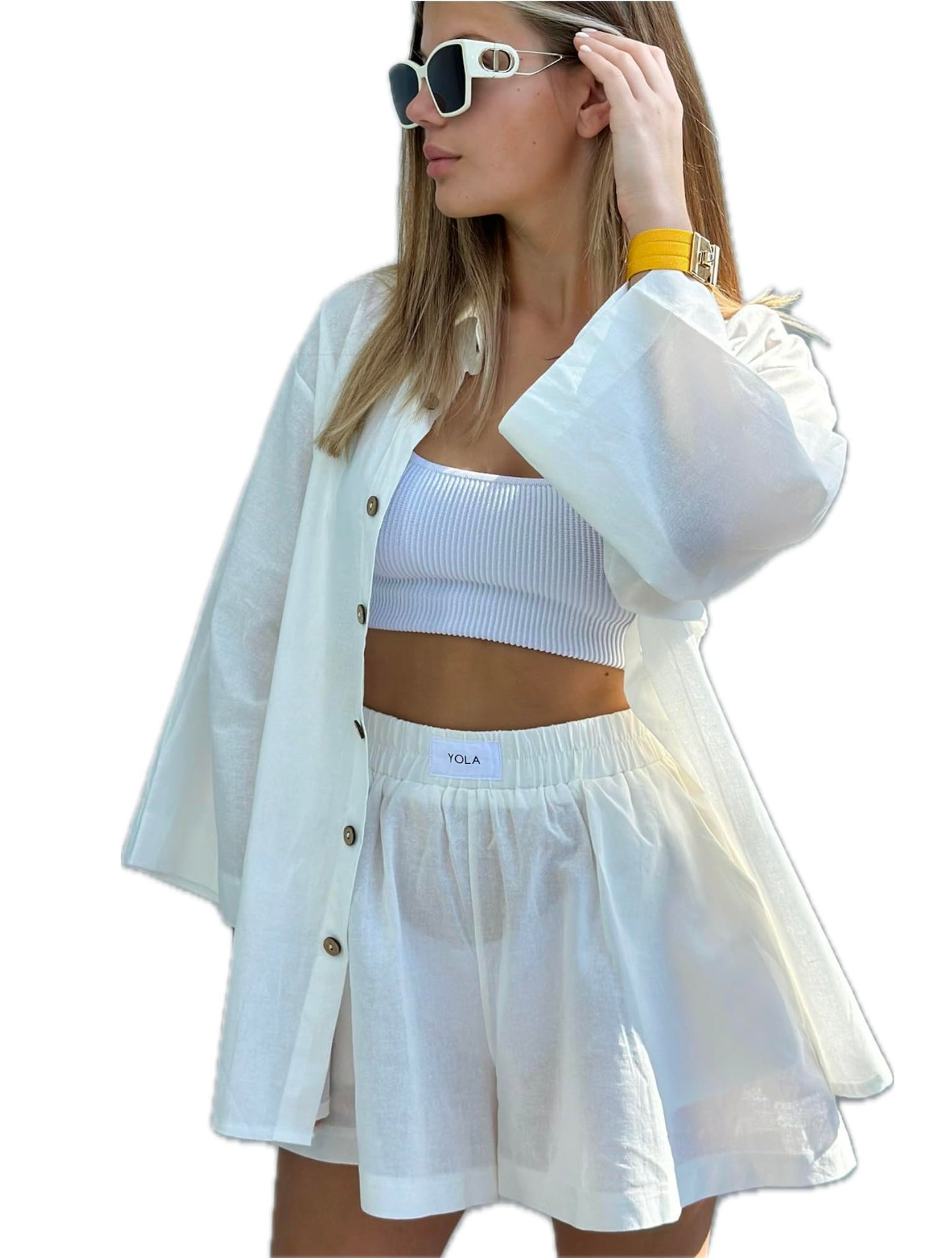 2 Pieces Outfit for Women: Organic Linen-Cotton Oversized Shirt, Shorts - Trendy 2024 Summer Style Fashion Sweatsuit Set