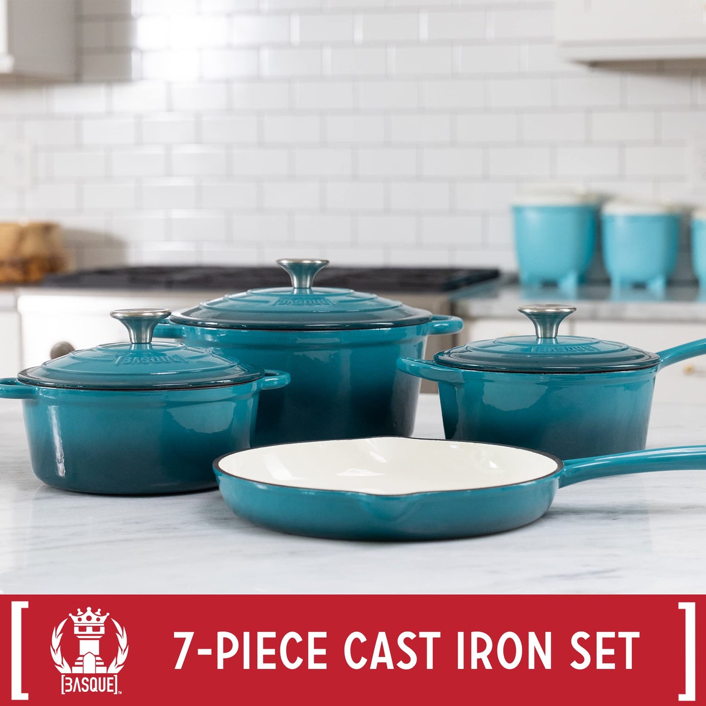 Enameled Cast Iron Cookware Set, 7-Piece Set (Biscay Blue), Nonstick, Oversized Handles, Oven Safe; Skillet, Saucepan, Small Dutch Oven, Large Dutch Oven, 10.25", 2QT, 2.25QT, 4.75QT