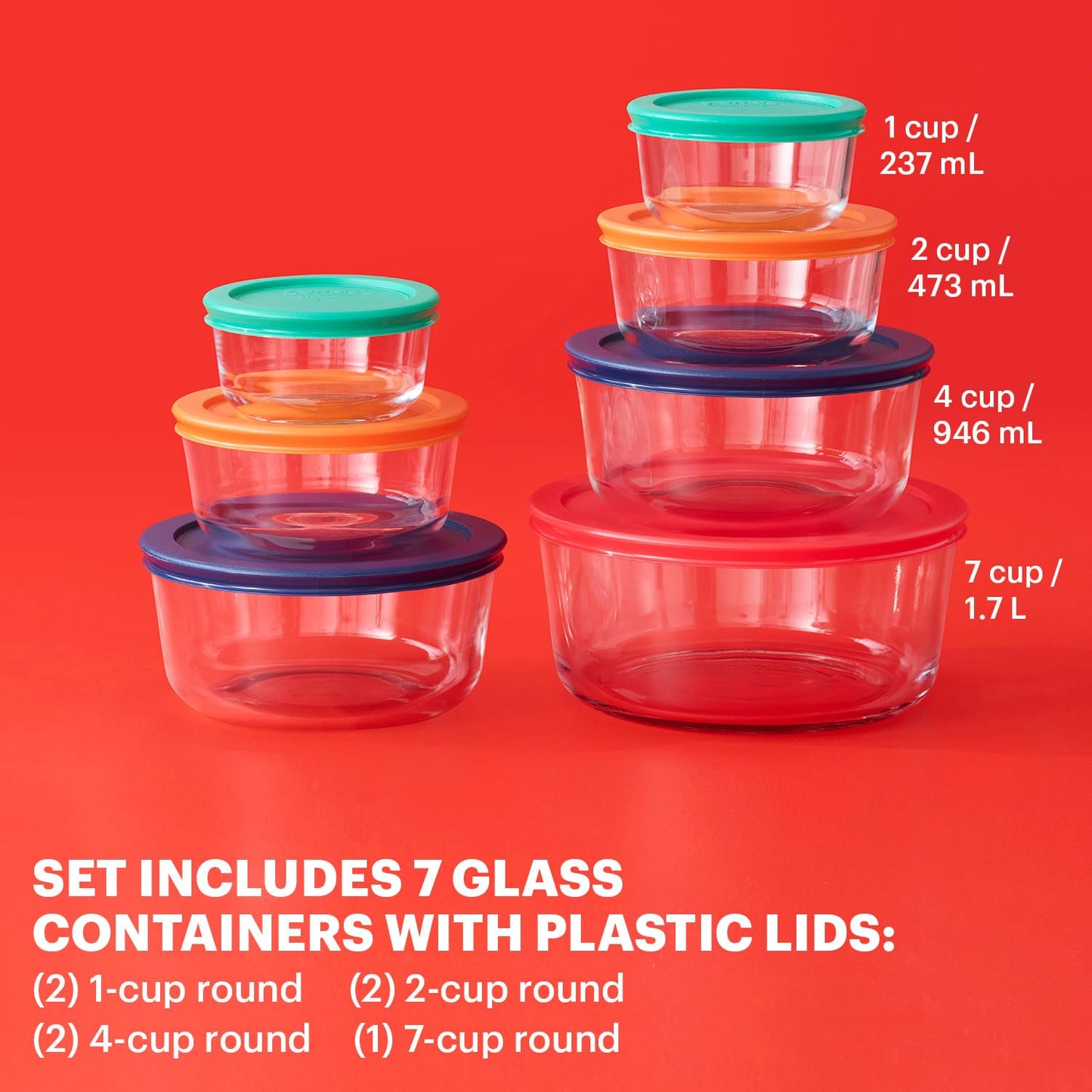 Pyrex 14-Pc Glass Food Storage Set - 7, 4, 2 & 1-Cup Round Containers with Lids - BPA-Free, Dishwasher & Microwave Safe