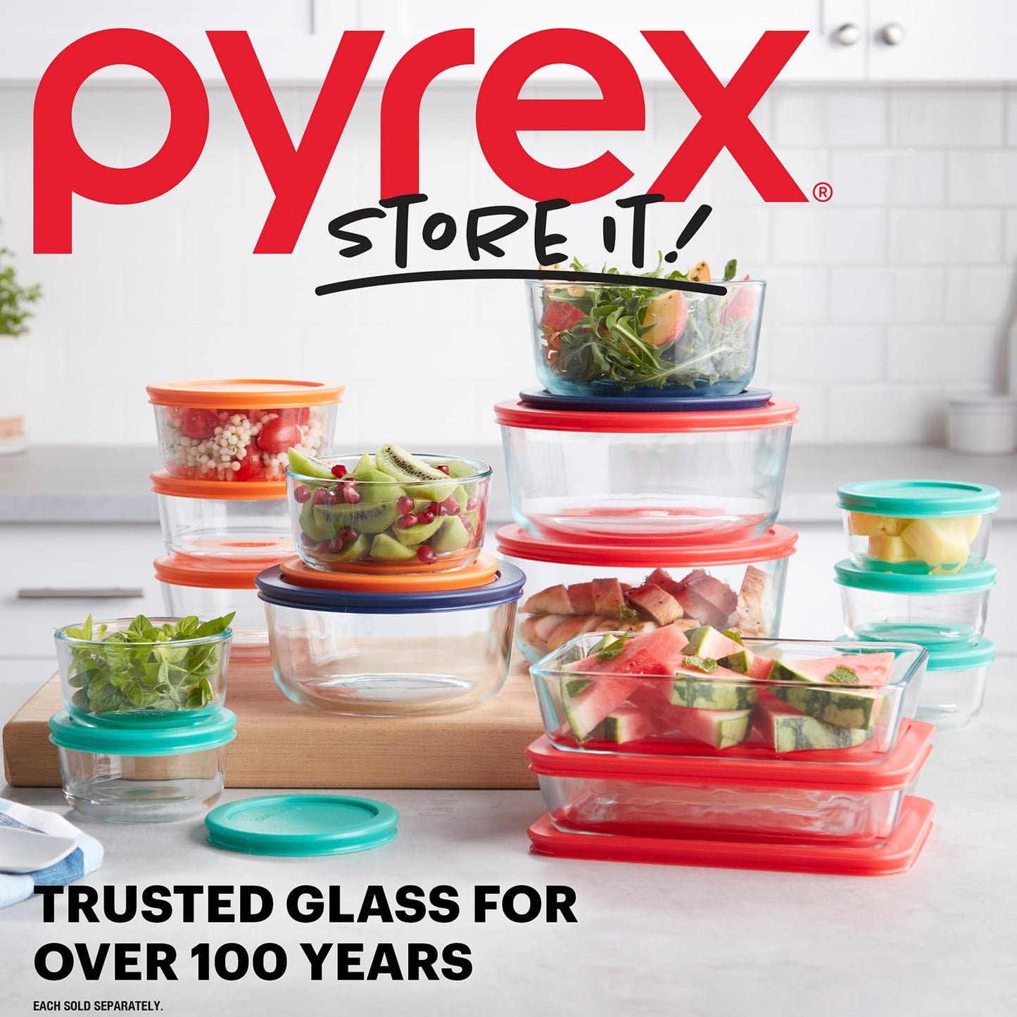 Pyrex 14-Pc Glass Food Storage Set - 7, 4, 2 & 1-Cup Round Containers with Lids - BPA-Free, Dishwasher & Microwave Safe