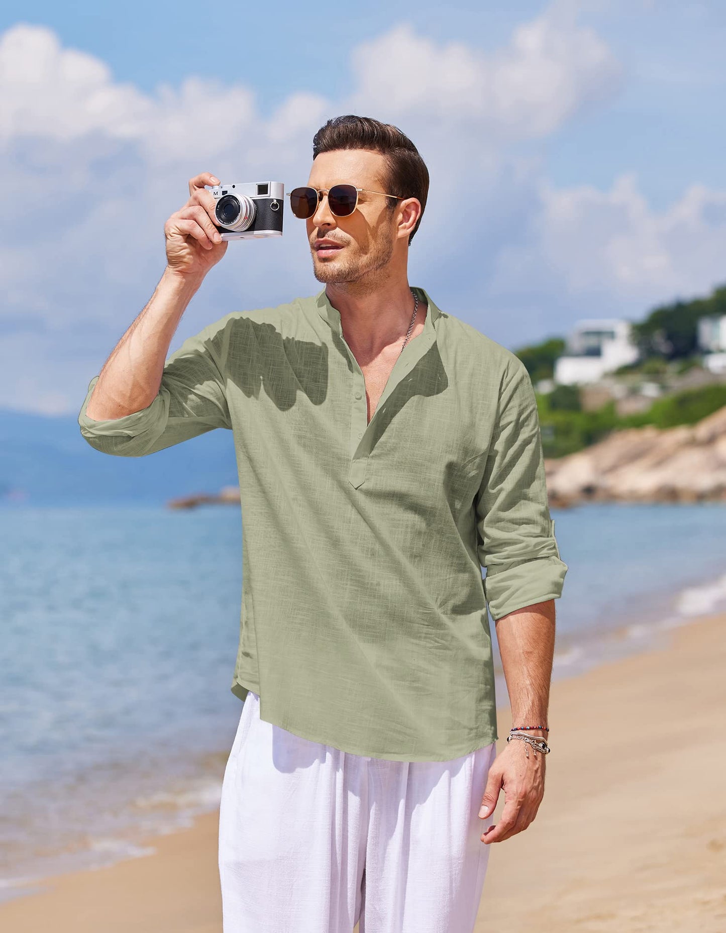 Men's Cotton Linen Henley T-Shirts Long Sleeve Hippie Casual Beach T-Shirts