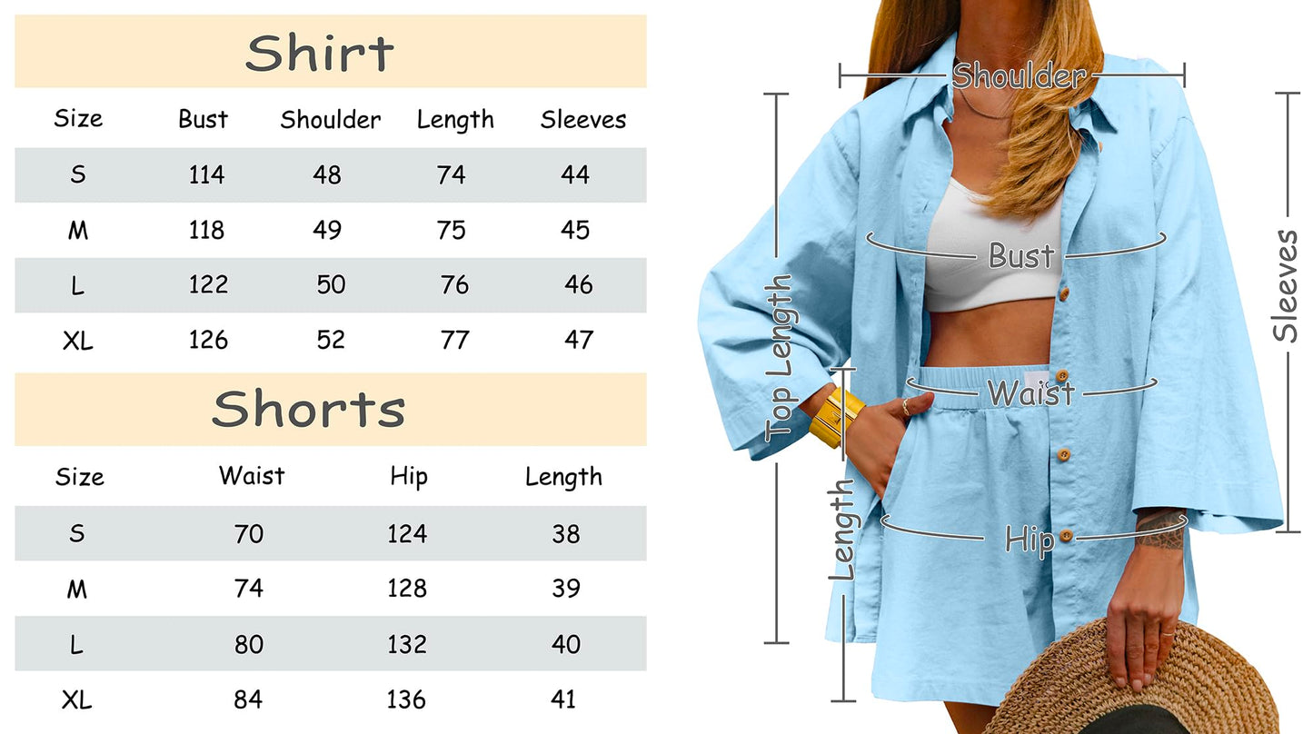 2 Pieces Outfit for Women: Organic Linen-Cotton Oversized Shirt, Shorts - Trendy 2024 Summer Style Fashion Sweatsuit Set