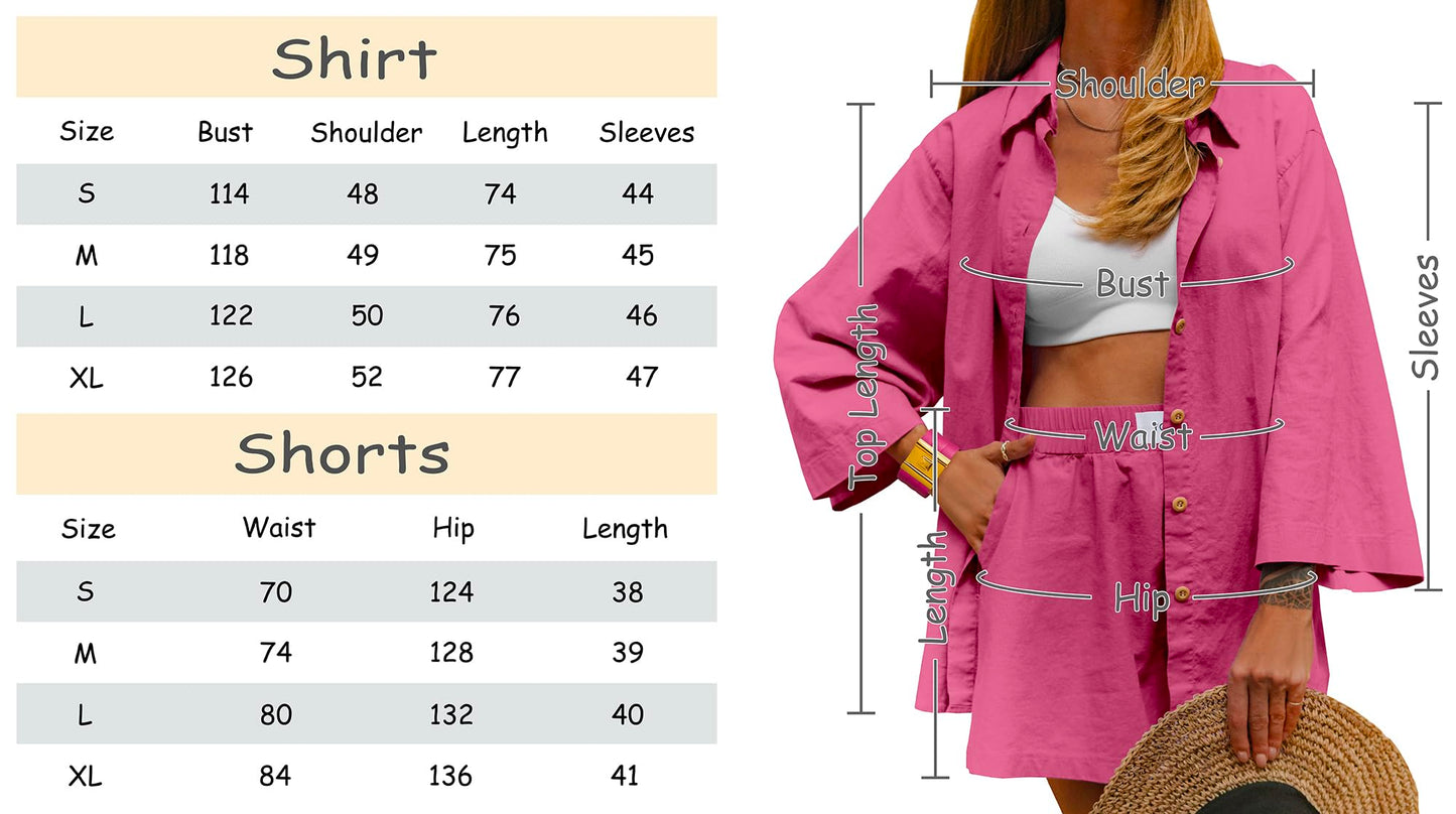 2 Pieces Outfit for Women: Organic Linen-Cotton Oversized Shirt, Shorts - Trendy 2024 Summer Style Fashion Sweatsuit Set