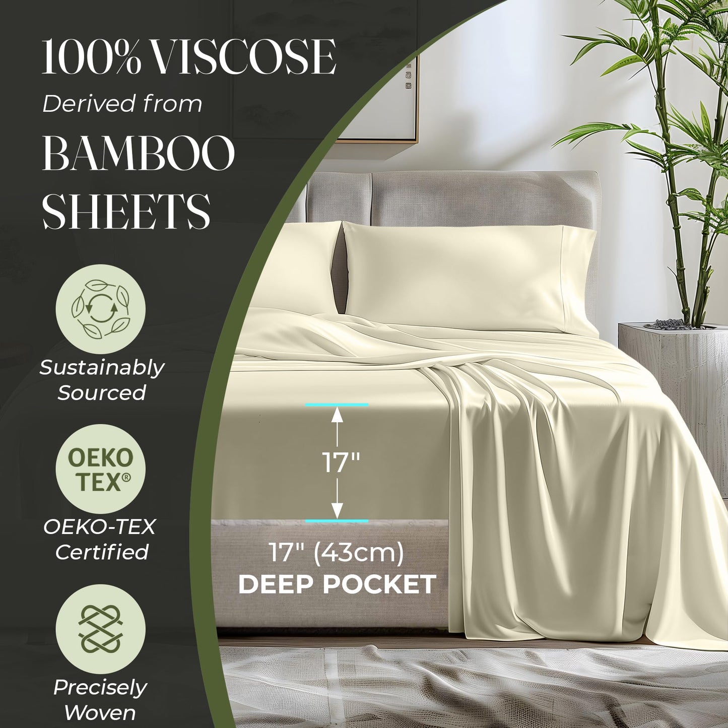 100% Organic Viscose Derived from Bamboo Sheets King Size 4pcs - Ultra Soft & Luxuriously Cooling, 17" Deep Pocket, Double Stitching, Perfect for Hot Sleepers - King Bed Sheets (Olive)