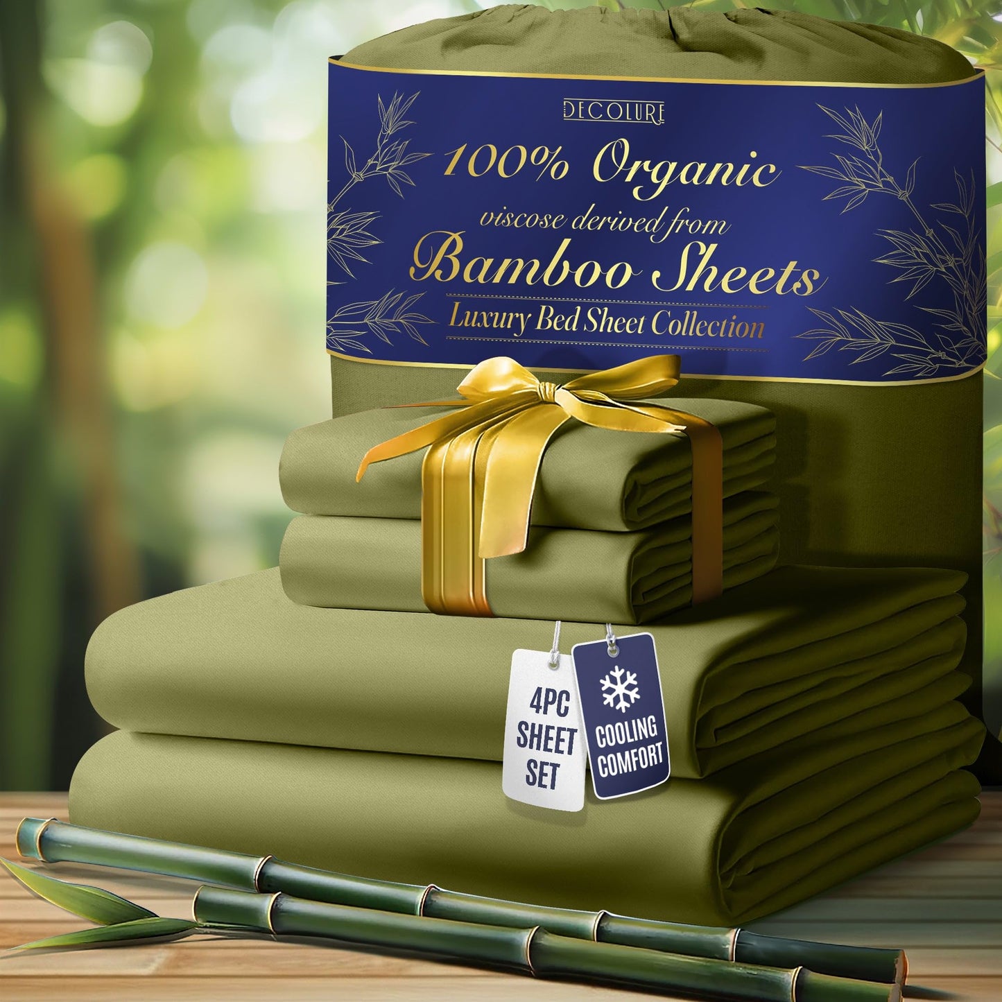 100% Organic Viscose Derived from Bamboo Sheets King Size 4pcs - Ultra Soft & Luxuriously Cooling, 17" Deep Pocket, Double Stitching, Perfect for Hot Sleepers - King Bed Sheets (Olive)