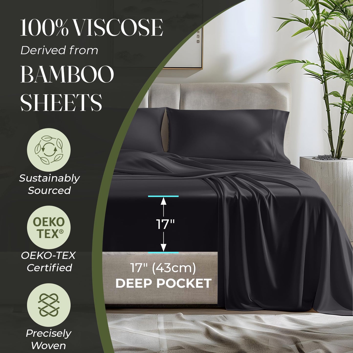 100% Organic Viscose Derived from Bamboo Sheets King Size 4pcs - Ultra Soft & Luxuriously Cooling, 17" Deep Pocket, Double Stitching, Perfect for Hot Sleepers - King Bed Sheets (Olive)