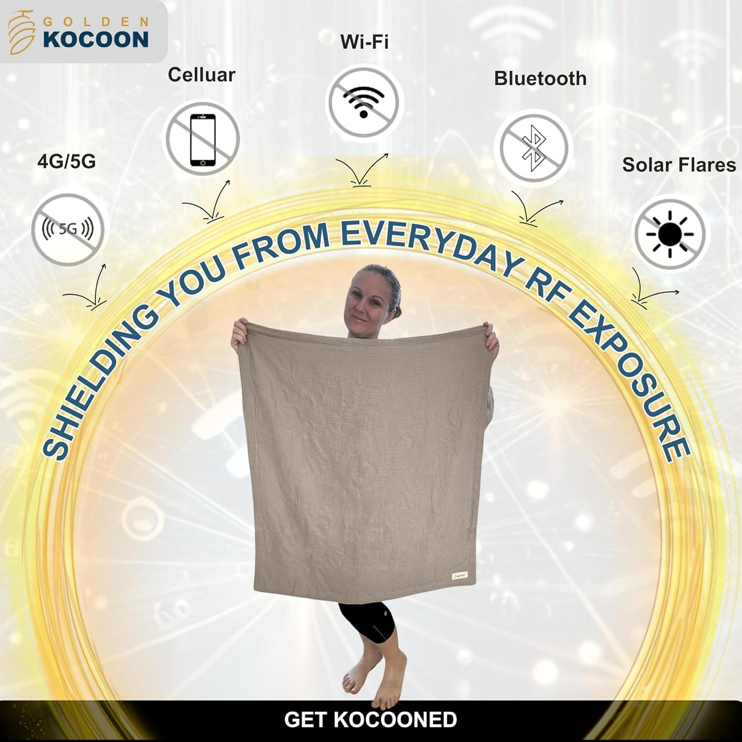 - E-M-F Blanket - Organic Cotton with EcoMesh™ Tech Faraday Fabric Inside - Great for Travel - Size 31x35 in - 5 g, Cell Towers, Bluetooth, Smart Meters &WiFi - Golden Cocoon