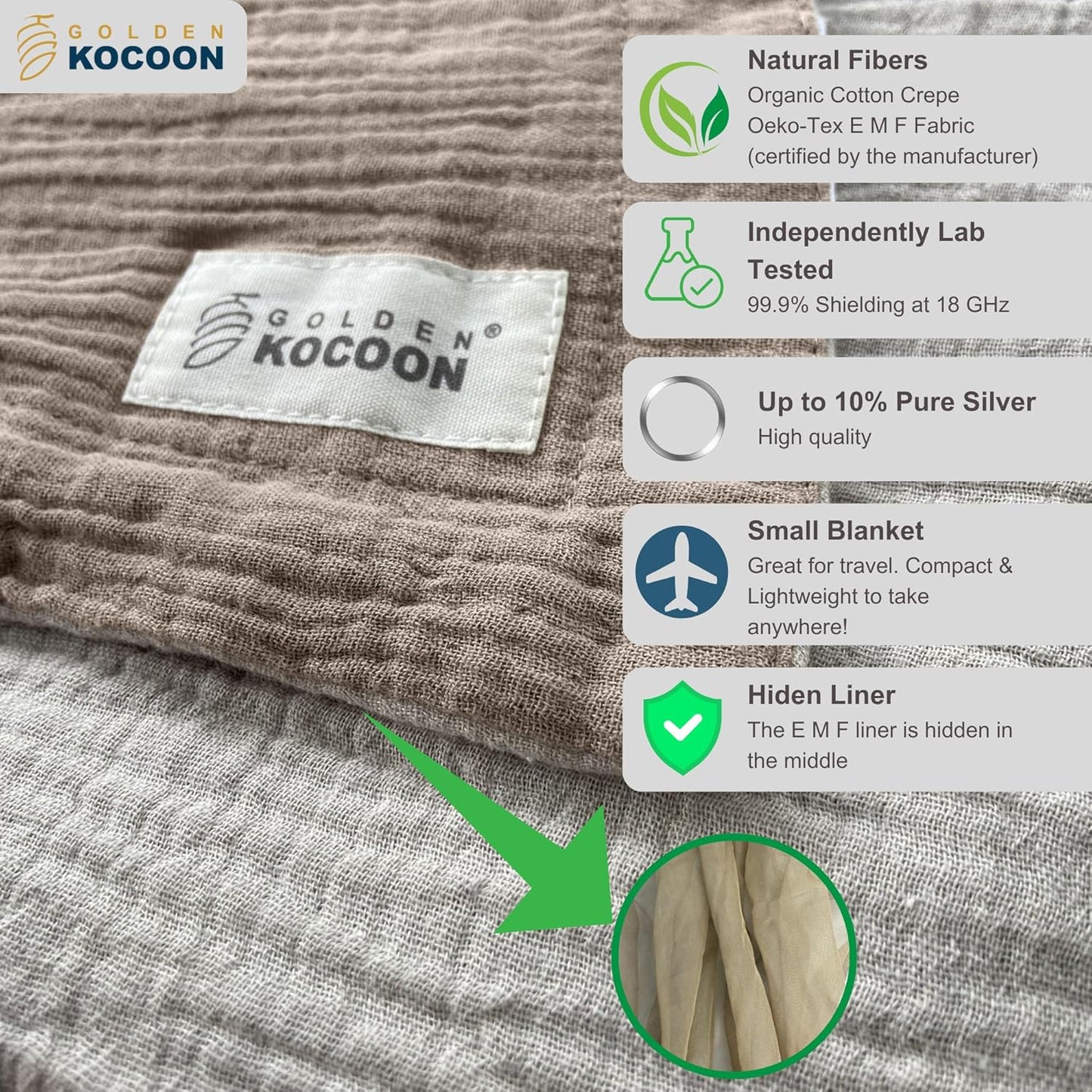 - E-M-F Blanket - Organic Cotton with EcoMesh™ Tech Faraday Fabric Inside - Great for Travel - Size 31x35 in - 5 g, Cell Towers, Bluetooth, Smart Meters &WiFi - Golden Cocoon