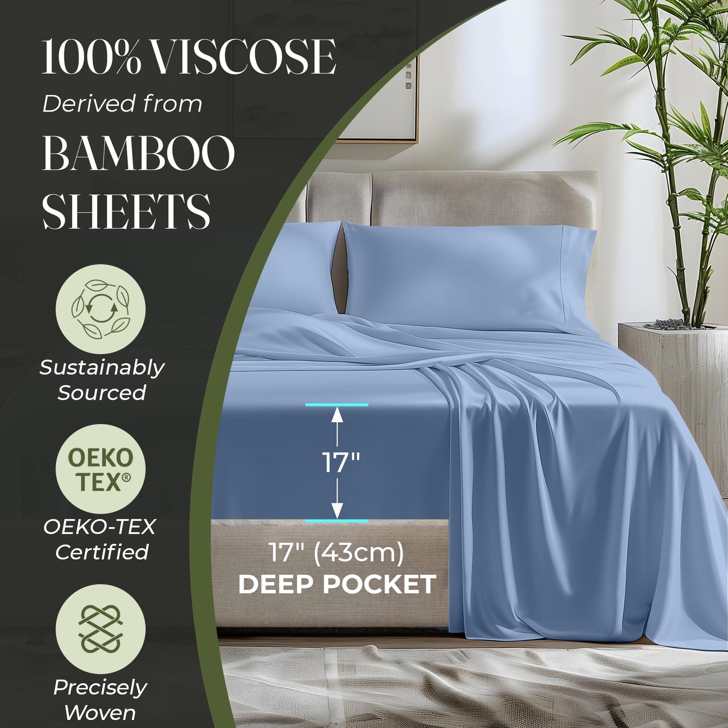 100% Organic Viscose Derived from Bamboo Sheets King Size 4pcs - Ultra Soft & Luxuriously Cooling, 17" Deep Pocket, Double Stitching, Perfect for Hot Sleepers - King Bed Sheets (Olive)