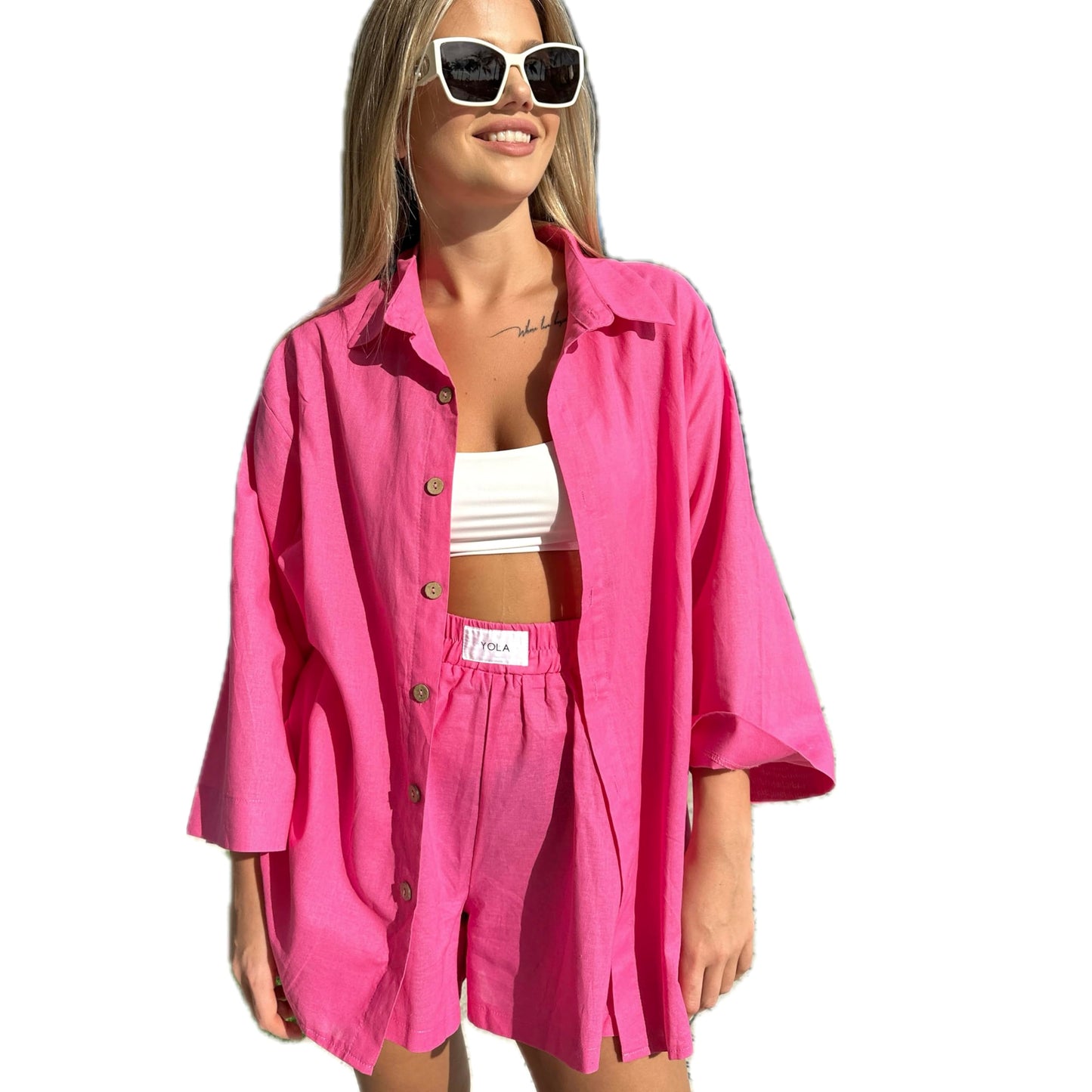 2 Pieces Outfit for Women: Organic Linen-Cotton Oversized Shirt, Shorts - Trendy 2024 Summer Style Fashion Sweatsuit Set