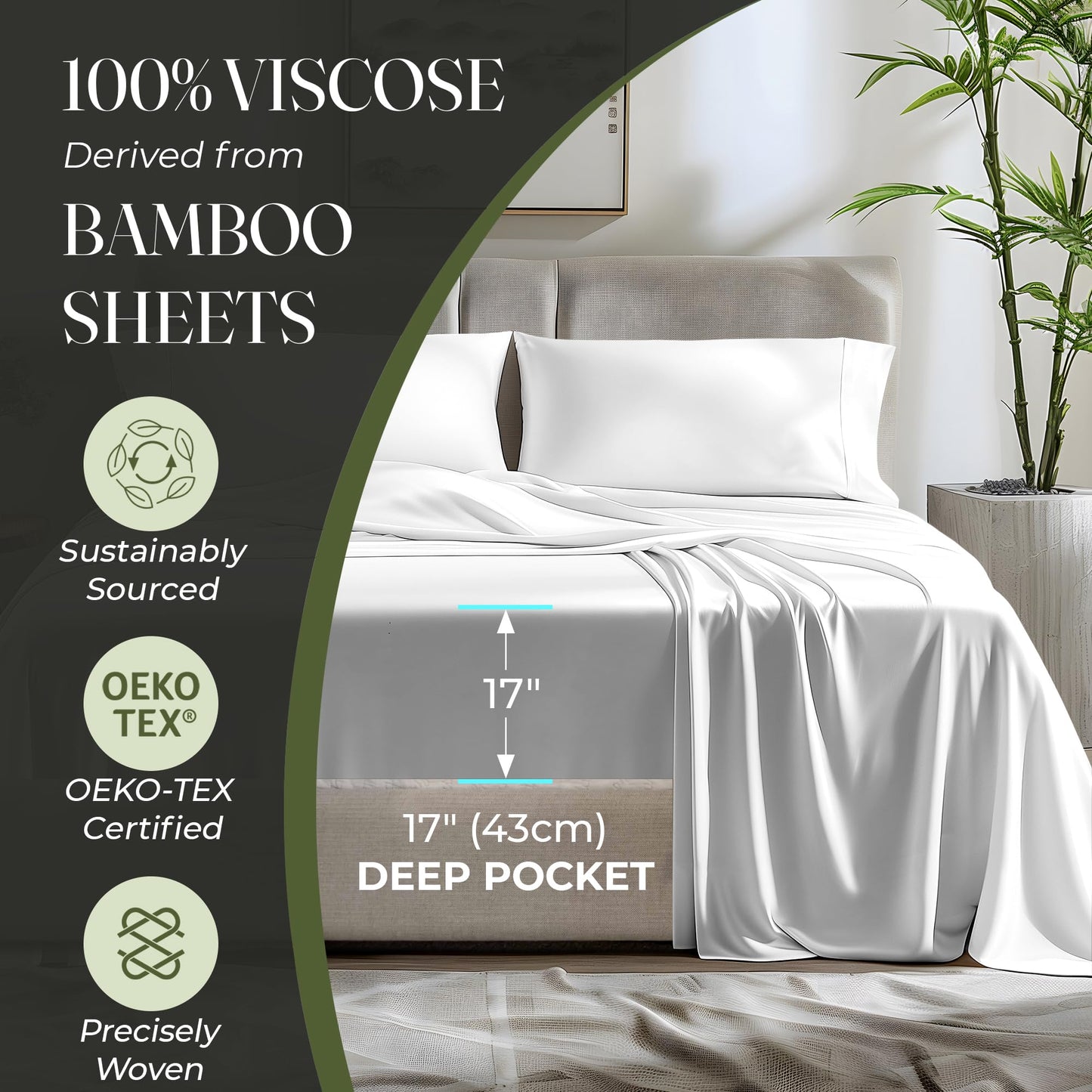 100% Organic Viscose Derived from Bamboo Sheets King Size 4pcs - Ultra Soft & Luxuriously Cooling, 17" Deep Pocket, Double Stitching, Perfect for Hot Sleepers - King Bed Sheets (Olive)