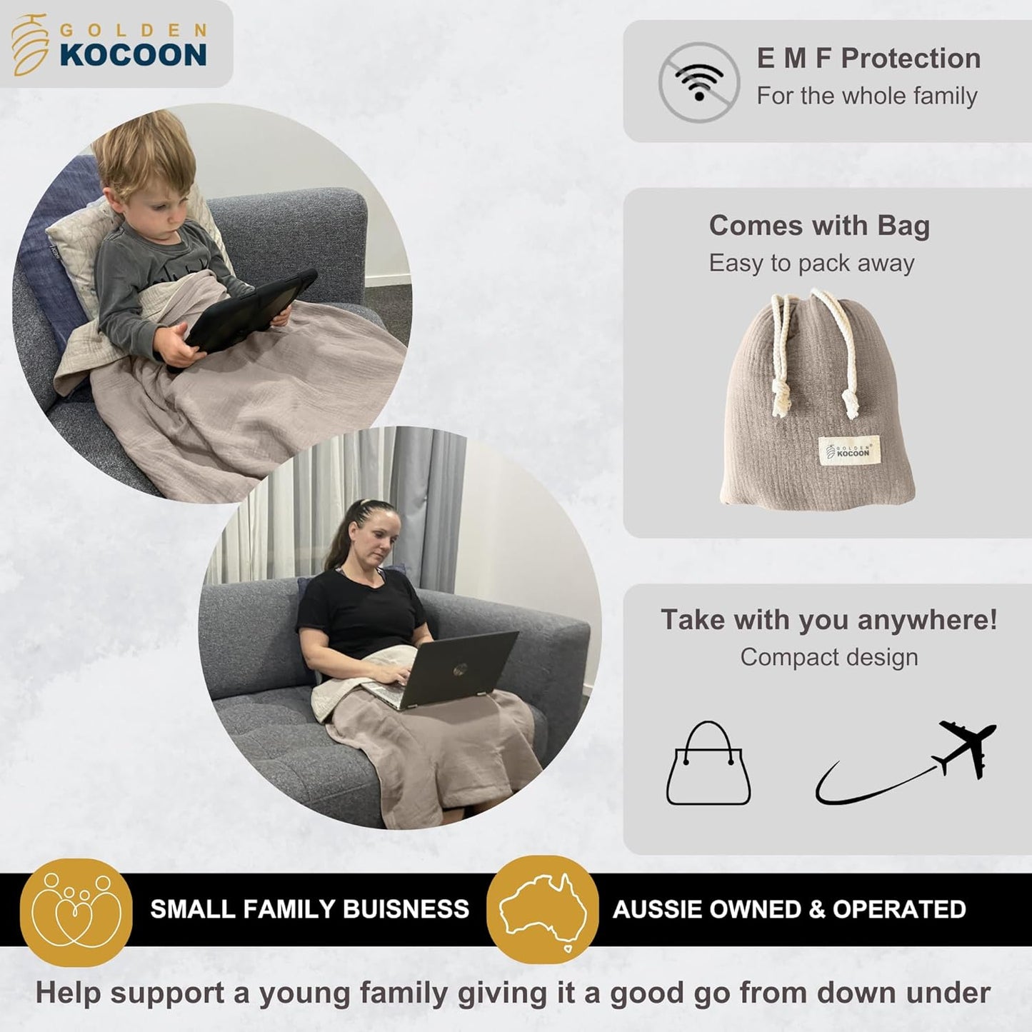 - E-M-F Blanket - Organic Cotton with EcoMesh™ Tech Faraday Fabric Inside - Great for Travel - Size 31x35 in - 5 g, Cell Towers, Bluetooth, Smart Meters &WiFi - Golden Cocoon