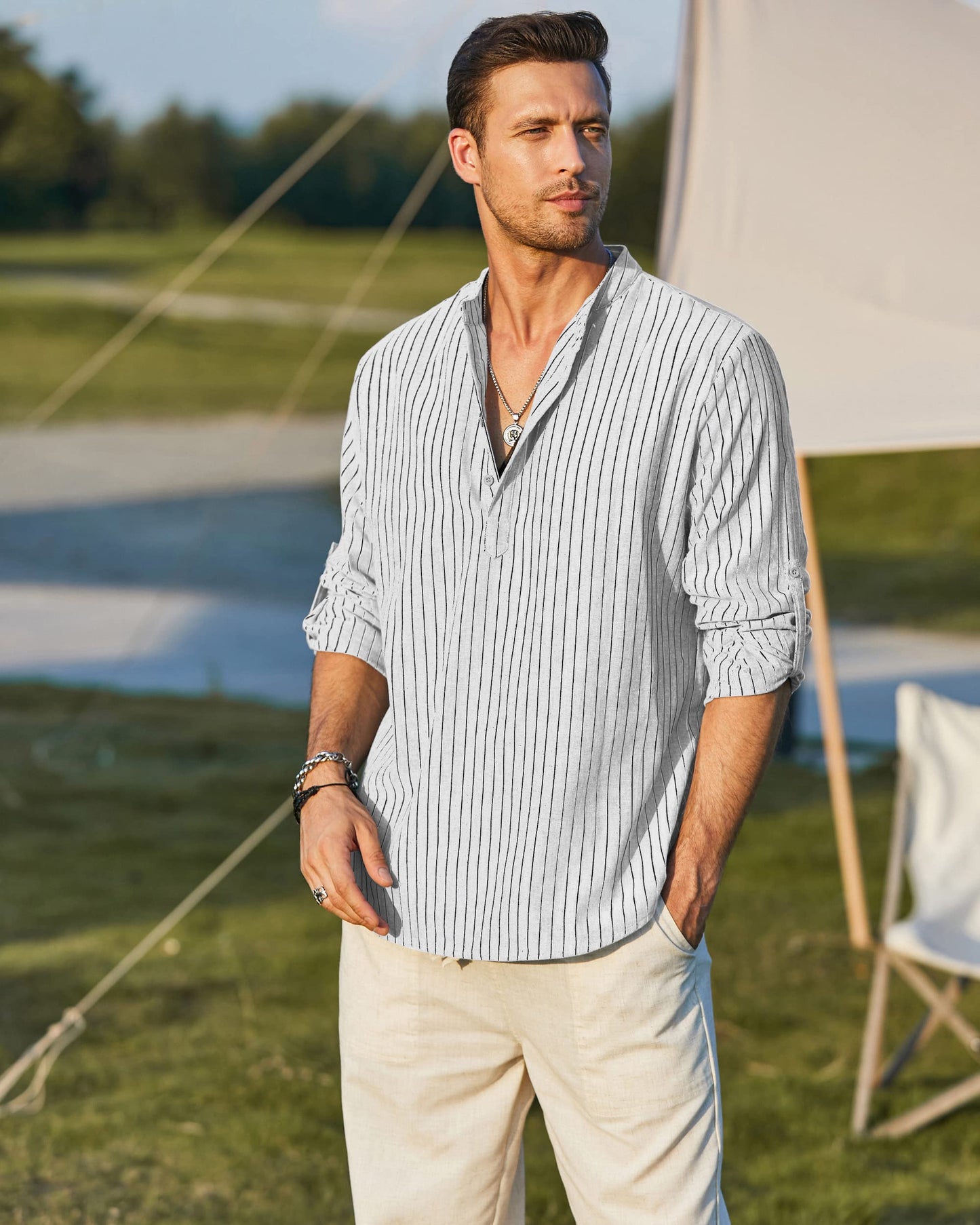 Men's Cotton Linen Henley T-Shirts Long Sleeve Hippie Casual Beach T-Shirts