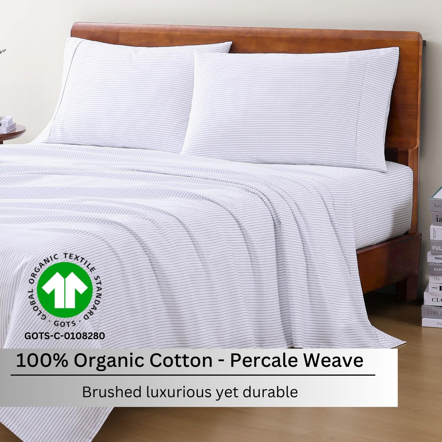 100% Organic Cotton King Size Sheets Set, 4Pc King Sheets, Soft Breathable Sheets King Size, Percale Weave, Hotel-Quality King Bed Sheets, 15" Deep Pocket King Sheet Set - White Bed Sheets