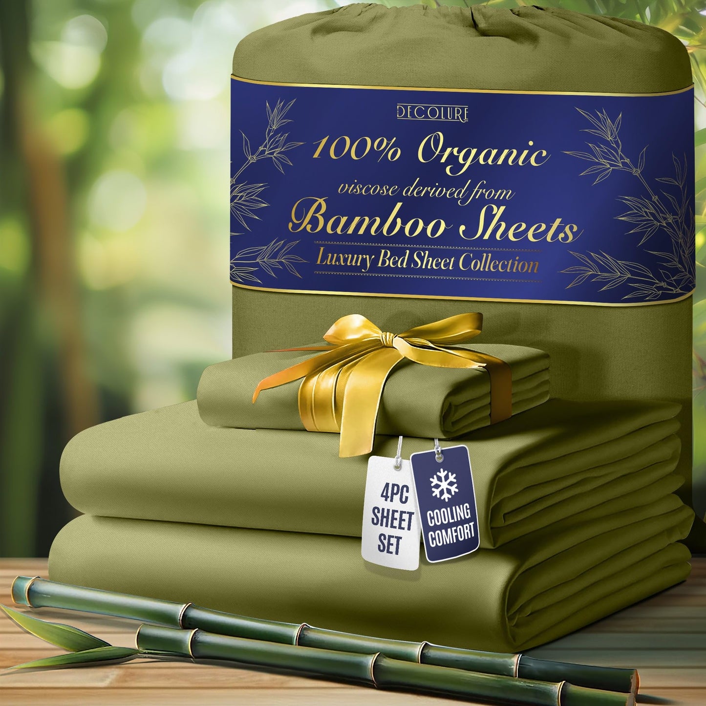 100% Organic Viscose Derived from Bamboo Sheets King Size 4pcs - Ultra Soft & Luxuriously Cooling, 17" Deep Pocket, Double Stitching, Perfect for Hot Sleepers - King Bed Sheets (Olive)