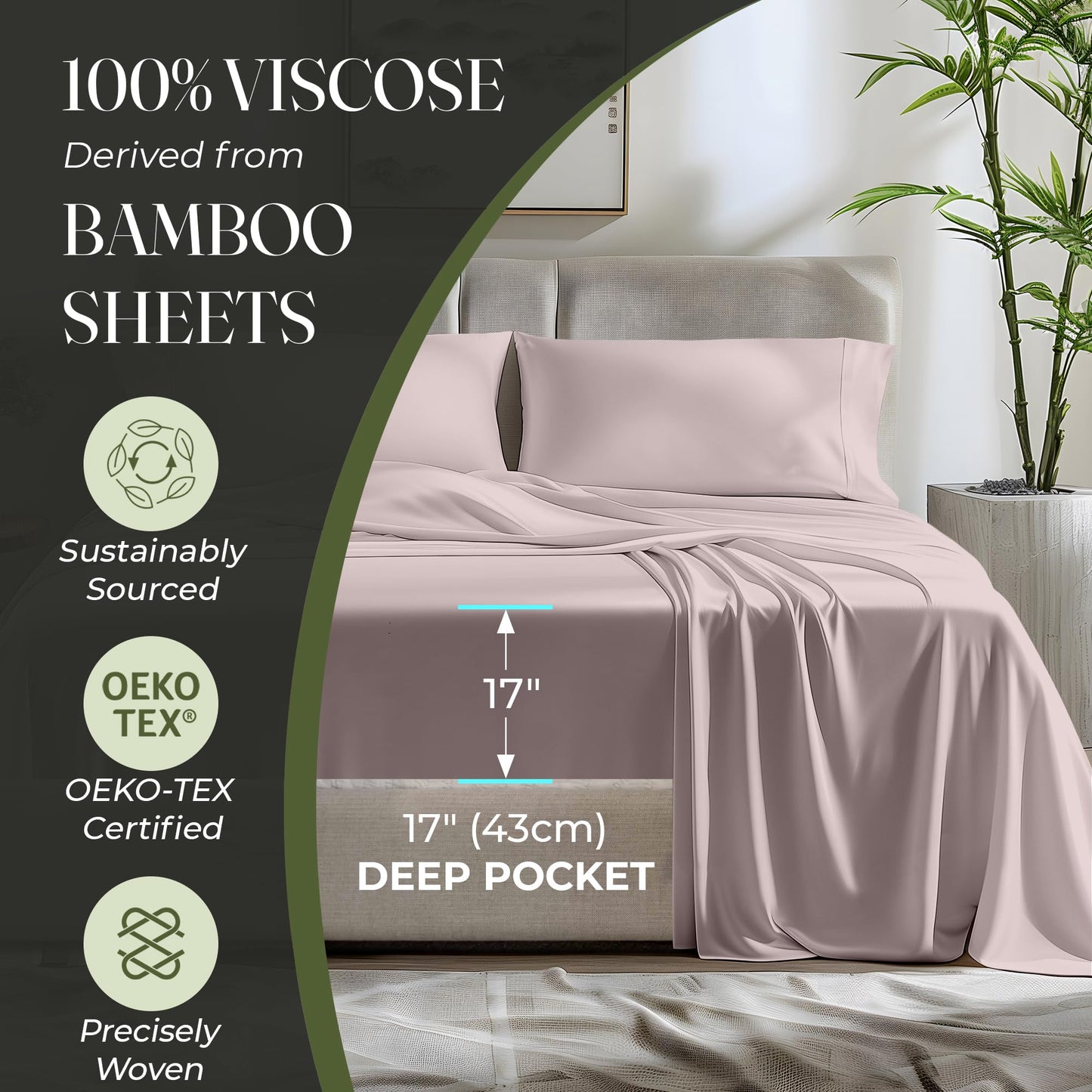 100% Organic Viscose Derived from Bamboo Sheets King Size 4pcs - Ultra Soft & Luxuriously Cooling, 17" Deep Pocket, Double Stitching, Perfect for Hot Sleepers - King Bed Sheets (Olive)