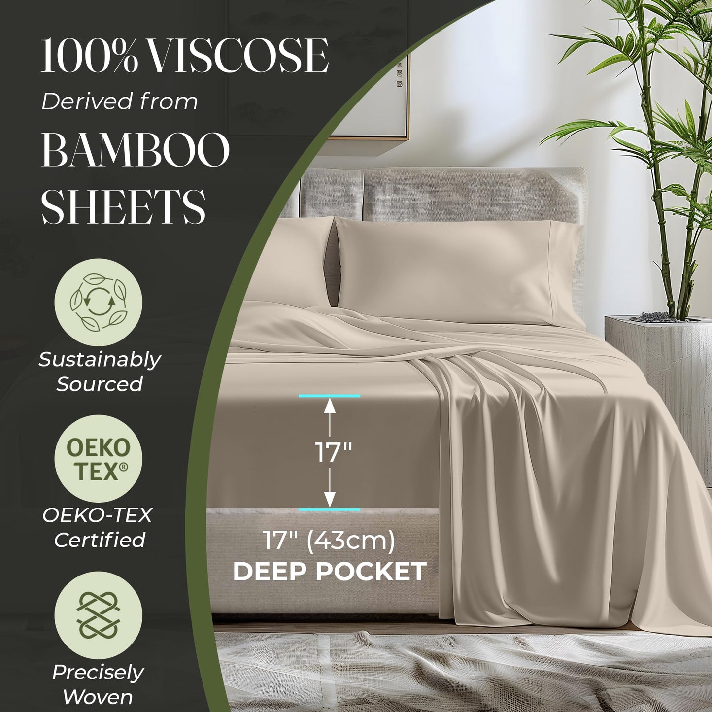 100% Organic Viscose Derived from Bamboo Sheets King Size 4pcs - Ultra Soft & Luxuriously Cooling, 17" Deep Pocket, Double Stitching, Perfect for Hot Sleepers - King Bed Sheets (Olive)