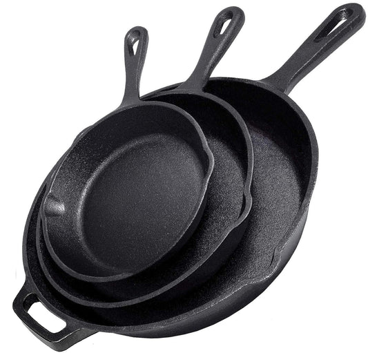 Cast Iron Skillet 3-Piece Set - 12", 10", 8" Heavy Duty Pans - Professional Restaurant Chef Quality Pre-Seasoned Pan Cookware Set