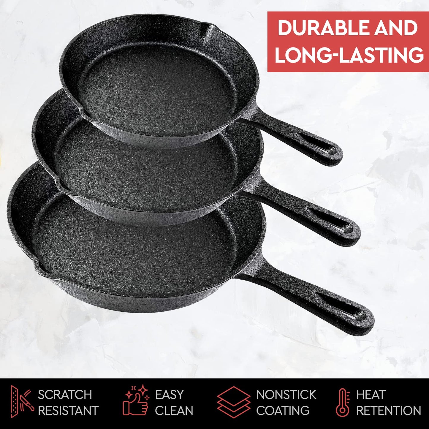 Cast Iron Skillet 3-Piece Set - 12", 10", 8" Heavy Duty Pans - Professional Restaurant Chef Quality Pre-Seasoned Pan Cookware Set