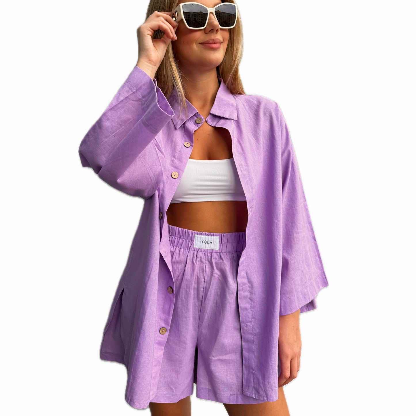 2 Pieces Outfit for Women: Organic Linen-Cotton Oversized Shirt, Shorts - Trendy 2024 Summer Style Fashion Sweatsuit Set