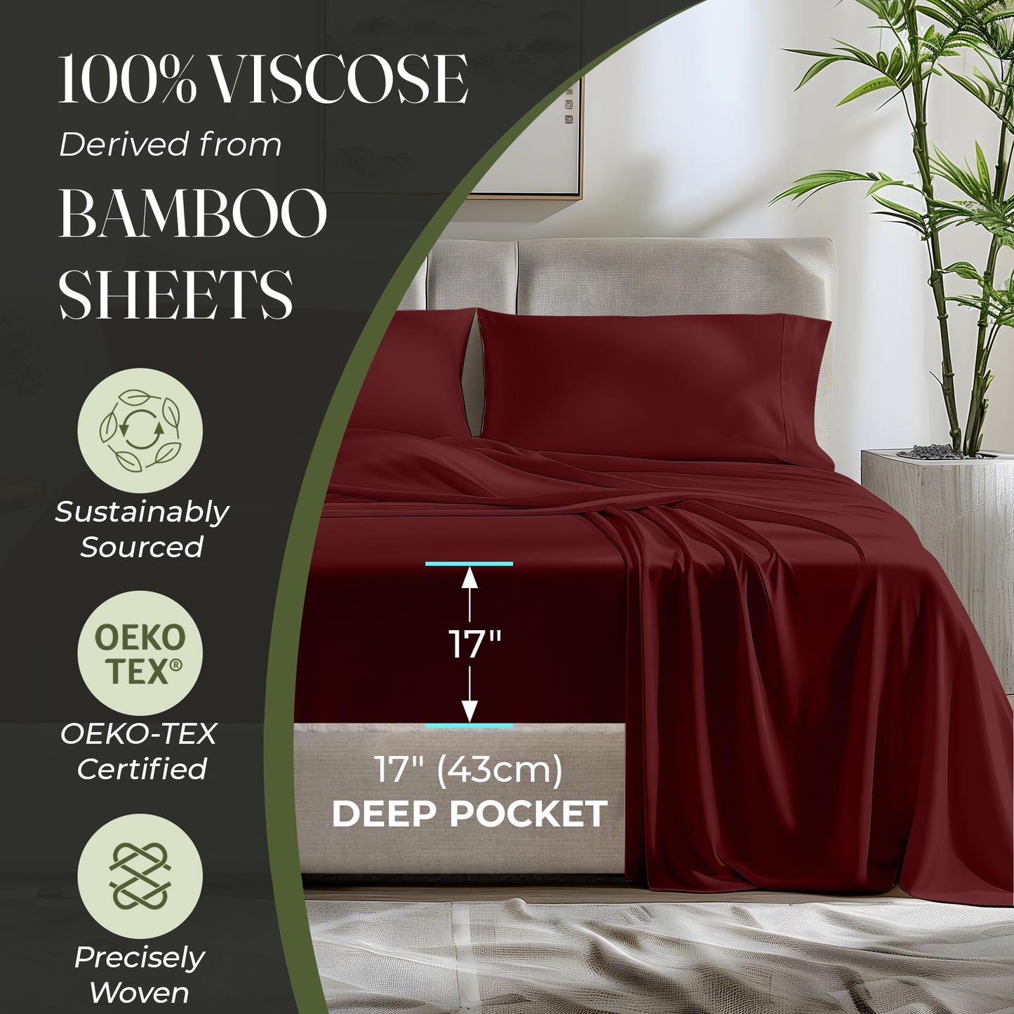 100% Organic Viscose Derived from Bamboo Sheets King Size 4pcs - Ultra Soft & Luxuriously Cooling, 17" Deep Pocket, Double Stitching, Perfect for Hot Sleepers - King Bed Sheets (Olive)