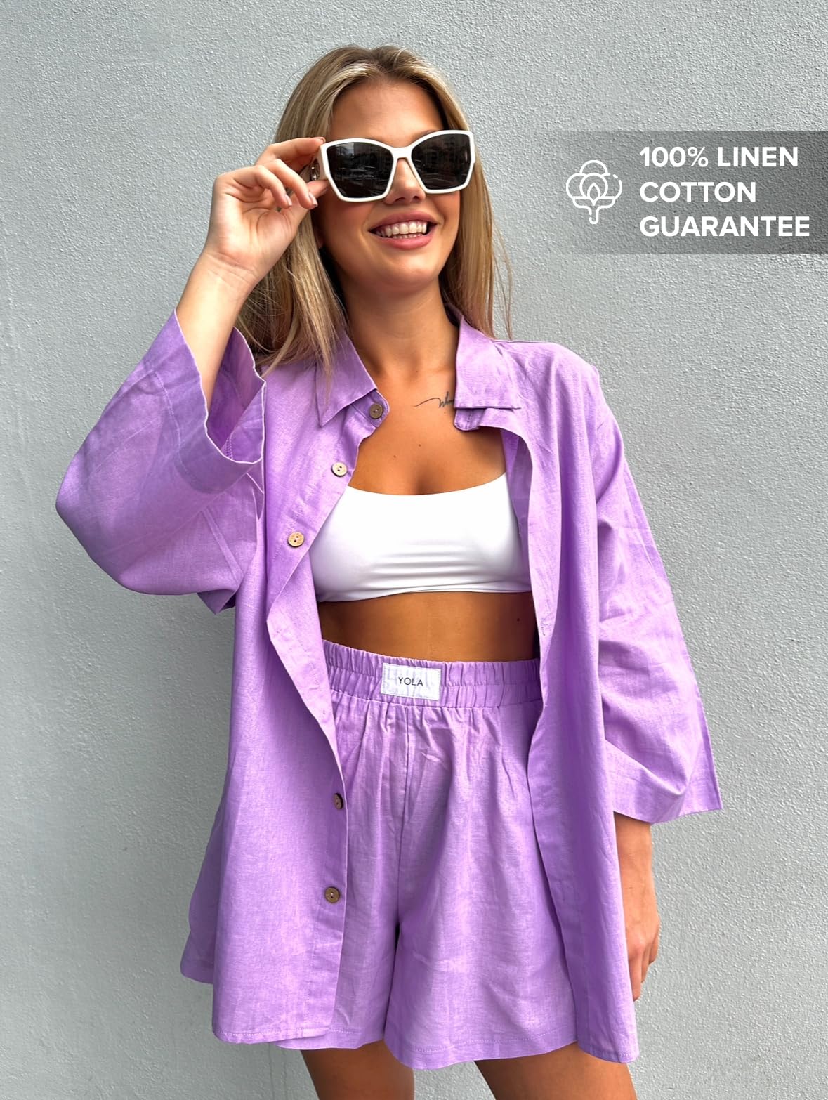 2 Pieces Outfit for Women: Organic Linen-Cotton Oversized Shirt, Shorts - Trendy 2024 Summer Style Fashion Sweatsuit Set