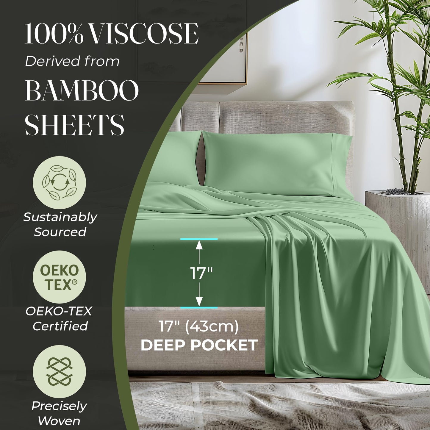 100% Organic Viscose Derived from Bamboo Sheets King Size 4pcs - Ultra Soft & Luxuriously Cooling, 17" Deep Pocket, Double Stitching, Perfect for Hot Sleepers - King Bed Sheets (Olive)